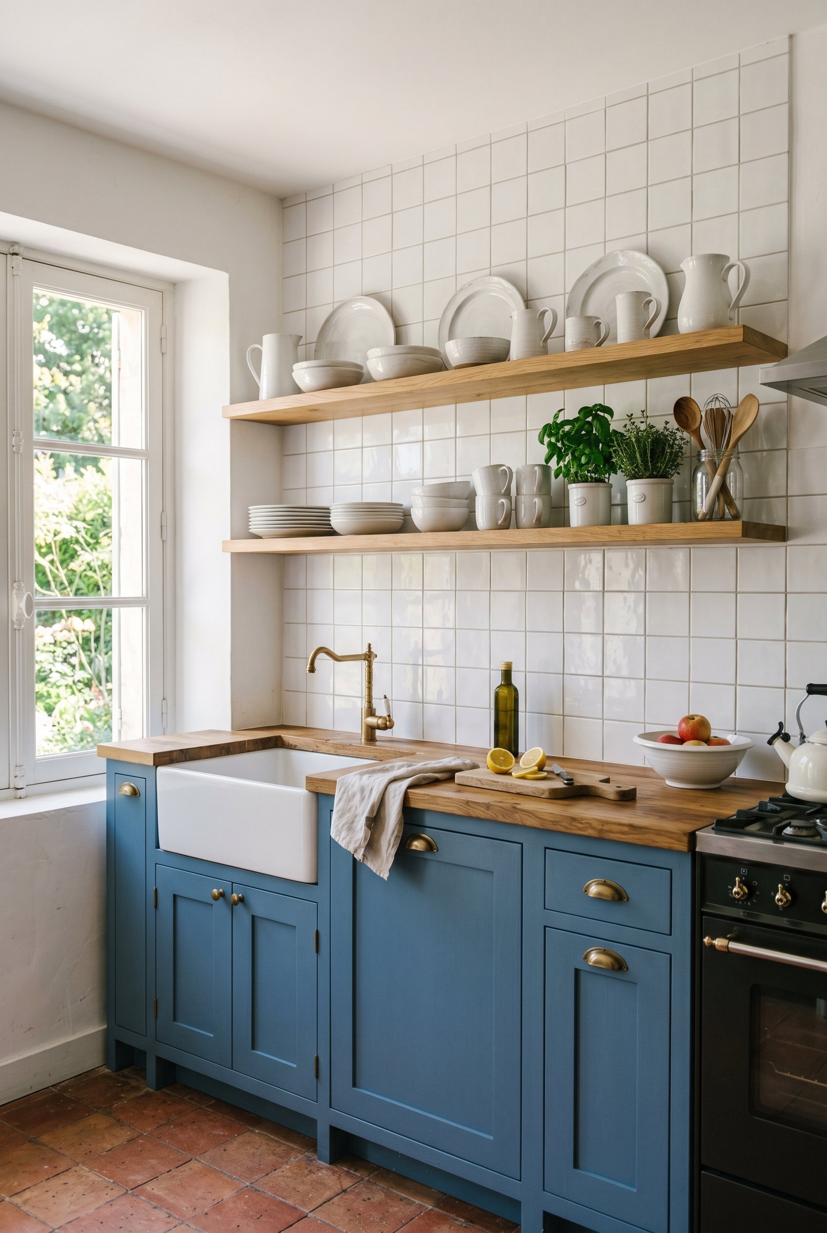 Photorealistic interior photo. Small kitchen with French blue lower cabinets, white tiled walls, and two long white oak floating shelves holding white ceramics. Editorial style.
