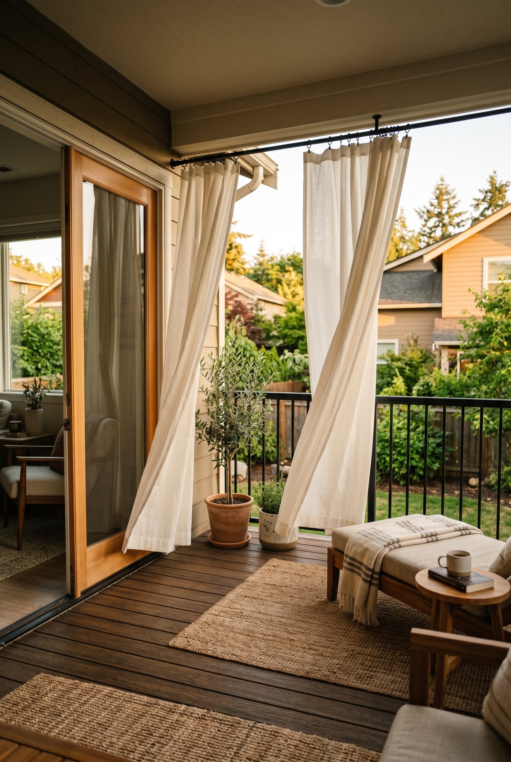 Photorealistic interior photo. Small modern deck with crisp white weather-resistant curtains hanging from a black metal tension rod, gently blowing in the wind. Natural golden hour lighting, eye-level