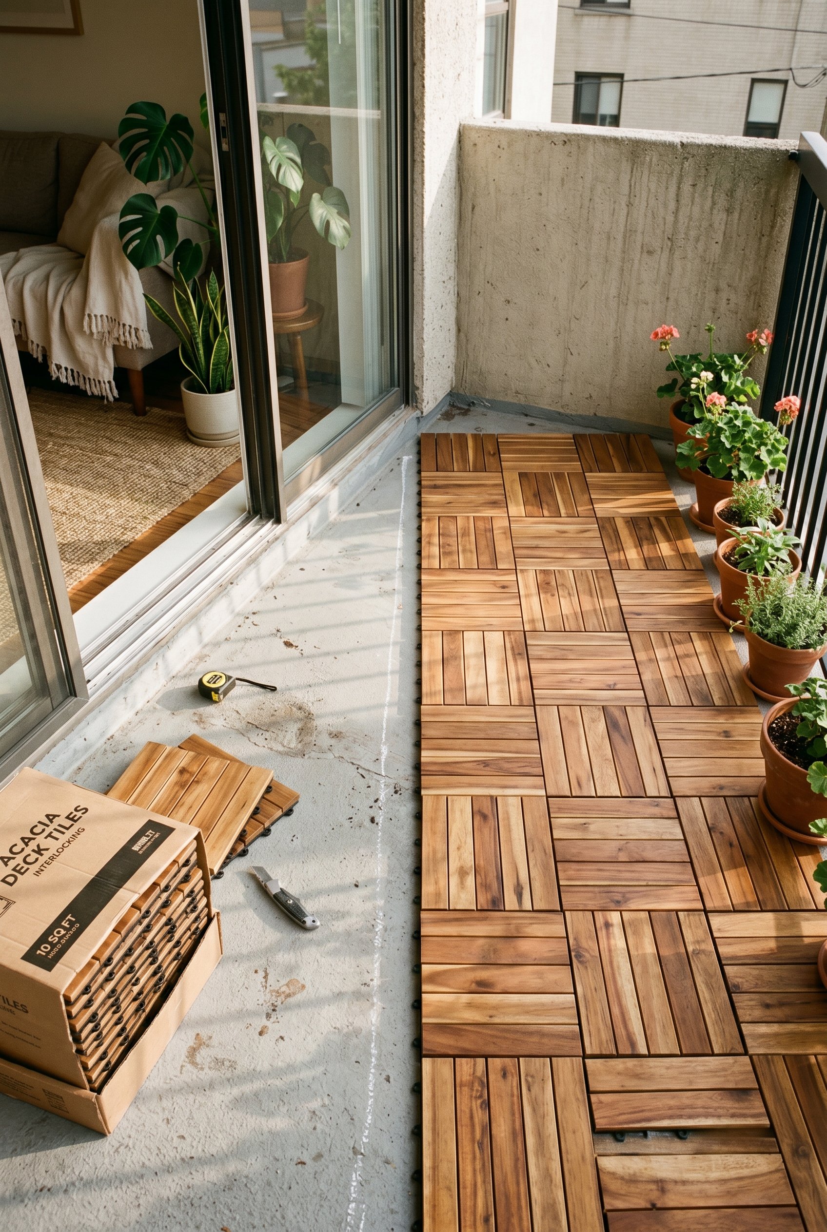 Photorealistic interior photo. Small outdoor deck floor showing half-installed acacia wood interlocking deck tiles over concrete, afternoon sunlight, looking down from eye-level. Editorial photography
