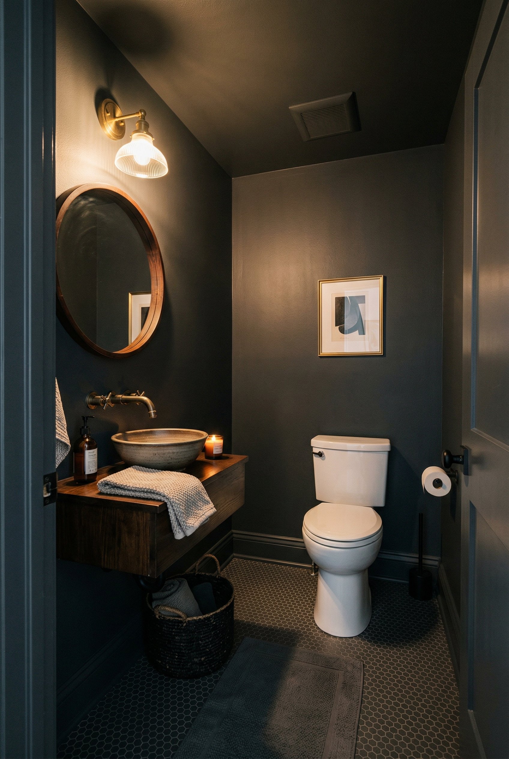 Photorealistic interior photo. Small windowless bathroom painted entirely in deep charcoal grey, including ceiling and baseboards. Warm light from a wall sconce. Editorial photography style, wide angl