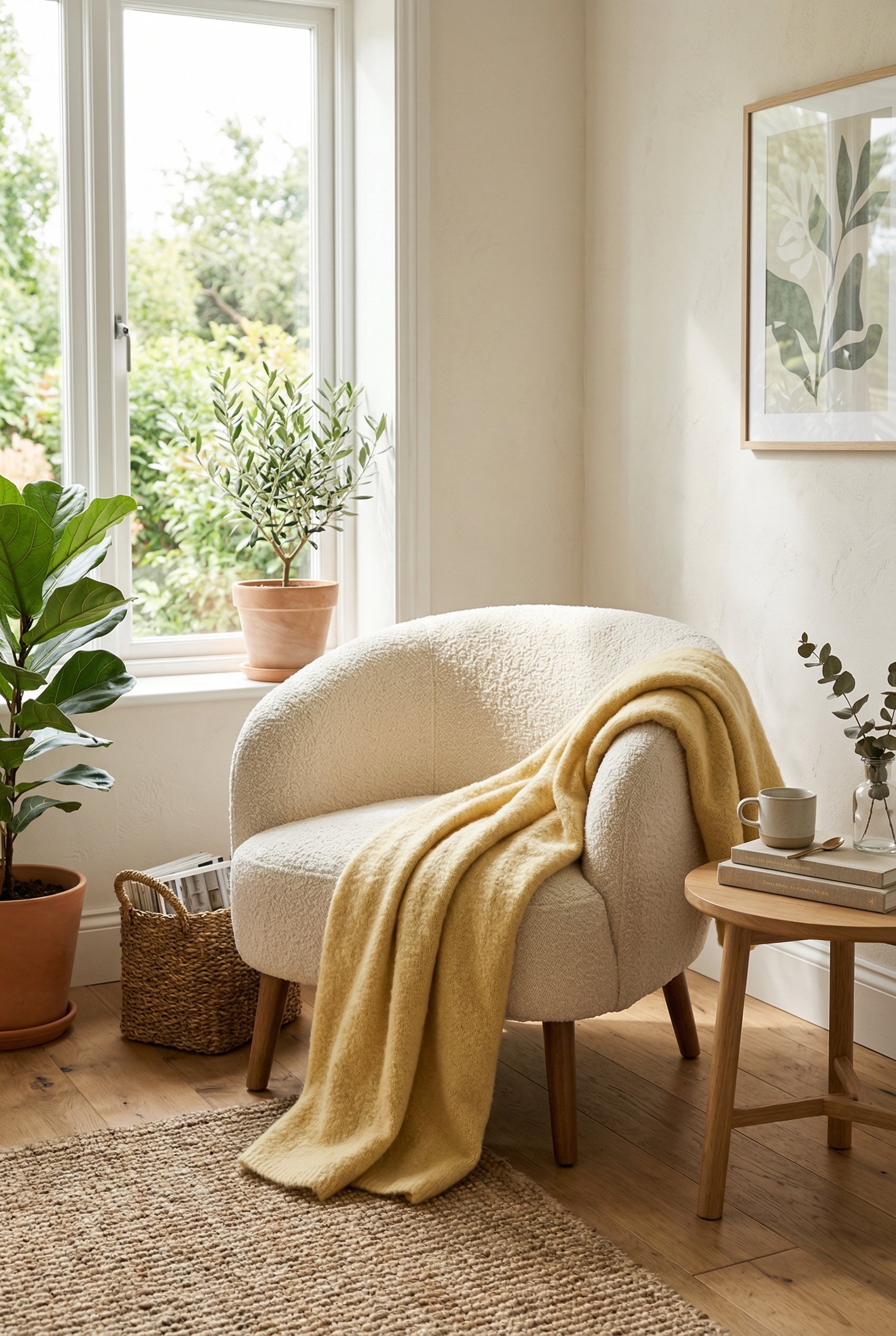 Photorealistic interior photo. Soft butter yellow throw blanket draped casually over a modern cream boucle accent chair, bright and airy living room corner. Editorial photography style, no people visi