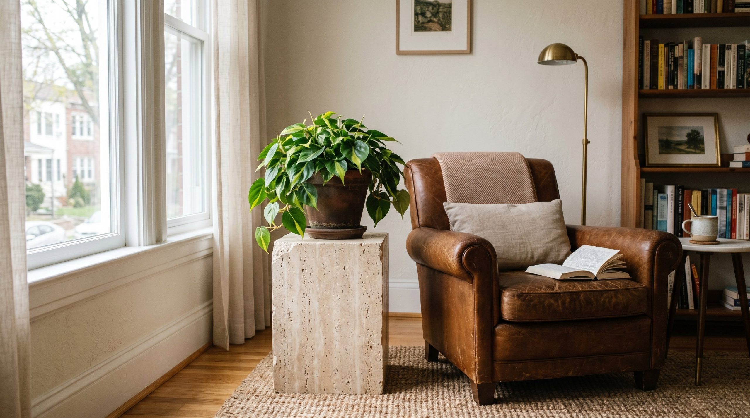 Photorealistic interior photo. Solid beige travertine plinth serving as a plant stand. A bushy Philodendron in a dark terracotta pot sits on top. Placed next to a vintage leather reading chair. Editor