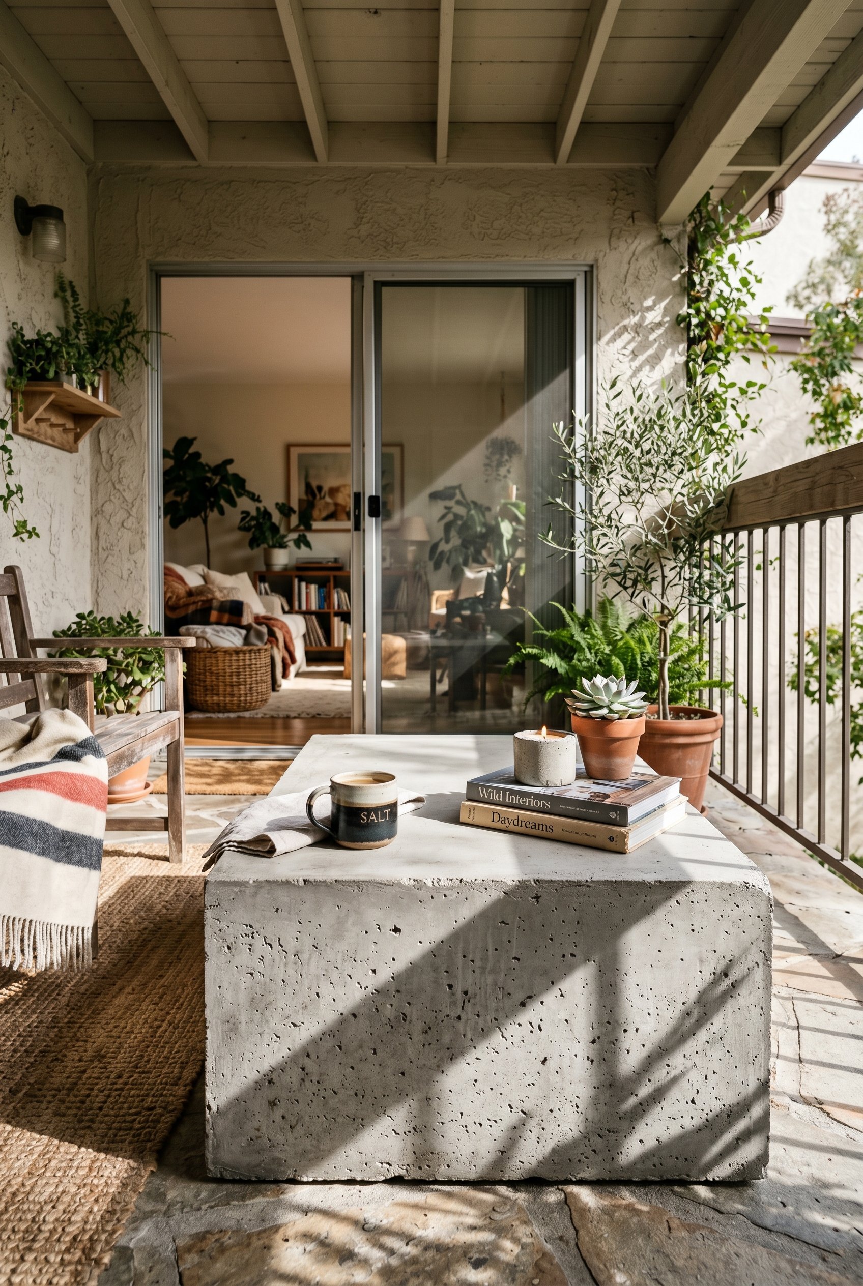 Photorealistic interior photo. Solid poured concrete block coffee table on a patio, neutral color palette, stark shadows, close-up angled shot. Editorial photography style, no people visible.