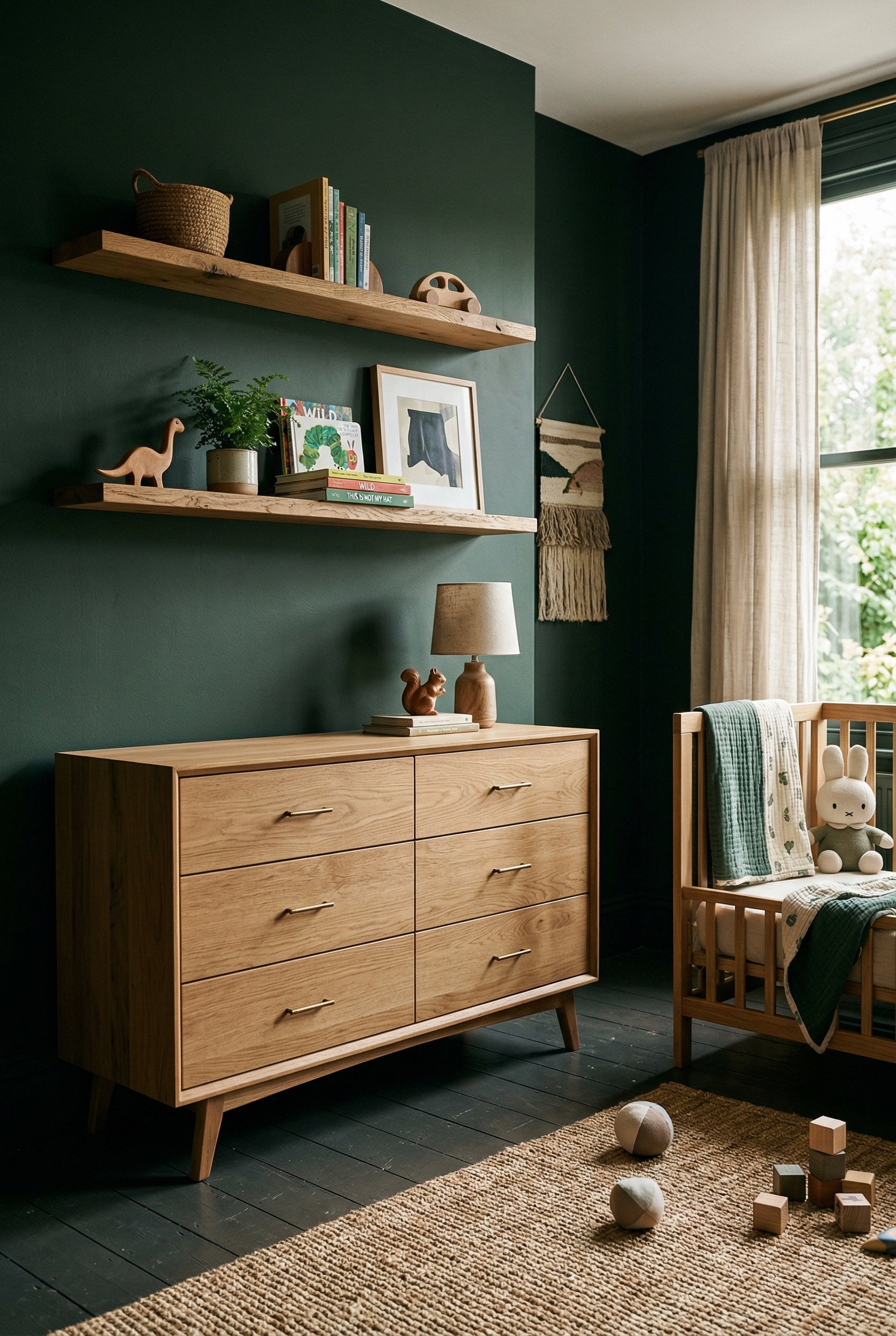 Photorealistic interior photo. Solid wood modern dresser transitioning into a toddler room, mature dark forest green walls, natural oak shelves. Editorial photography style, no people visible.