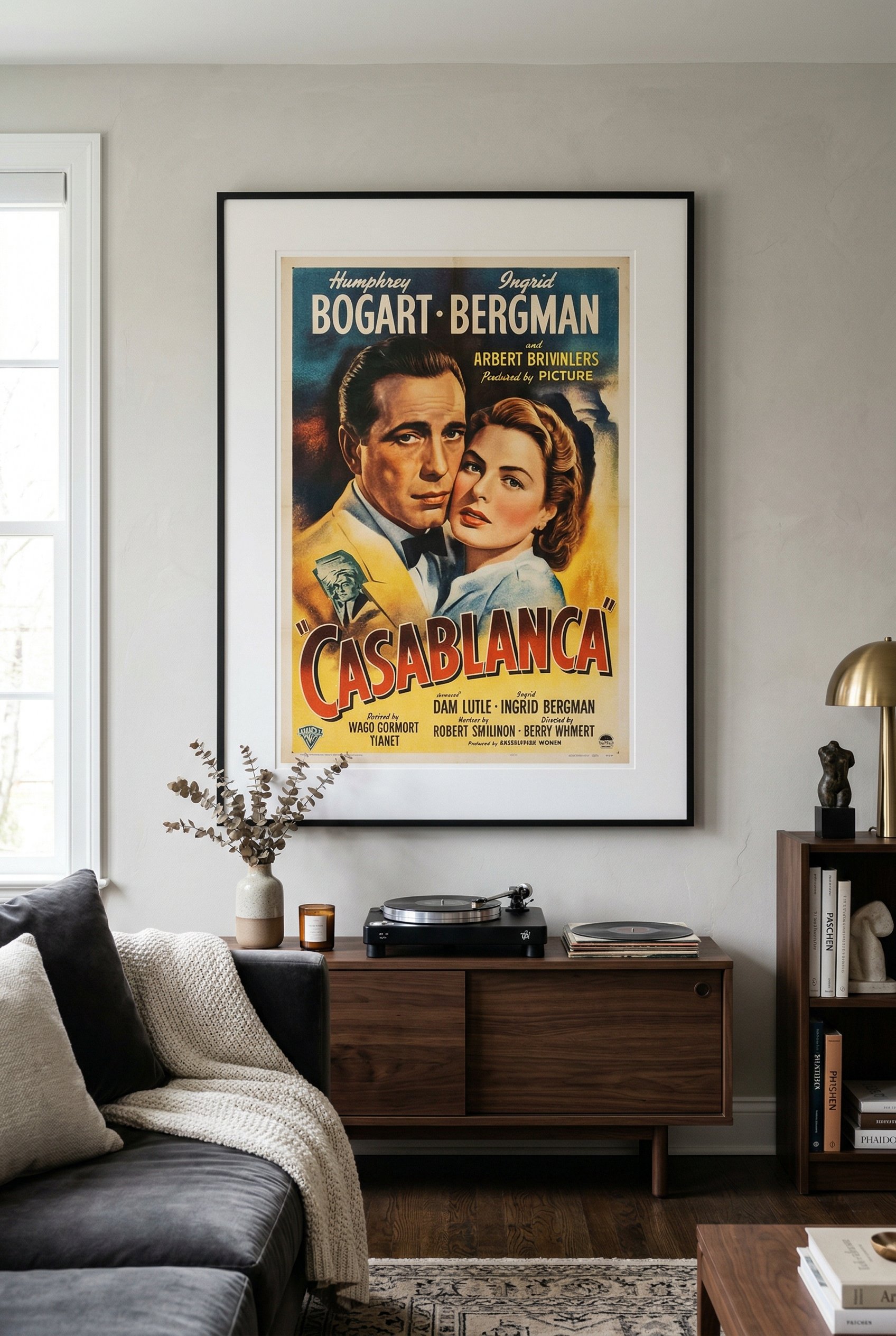 Photorealistic interior photo. Sophisticated adult living room wall, oversized custom-framed vintage movie poster with large white matting, thin black gallery frame, natural lighting, straight-on angl