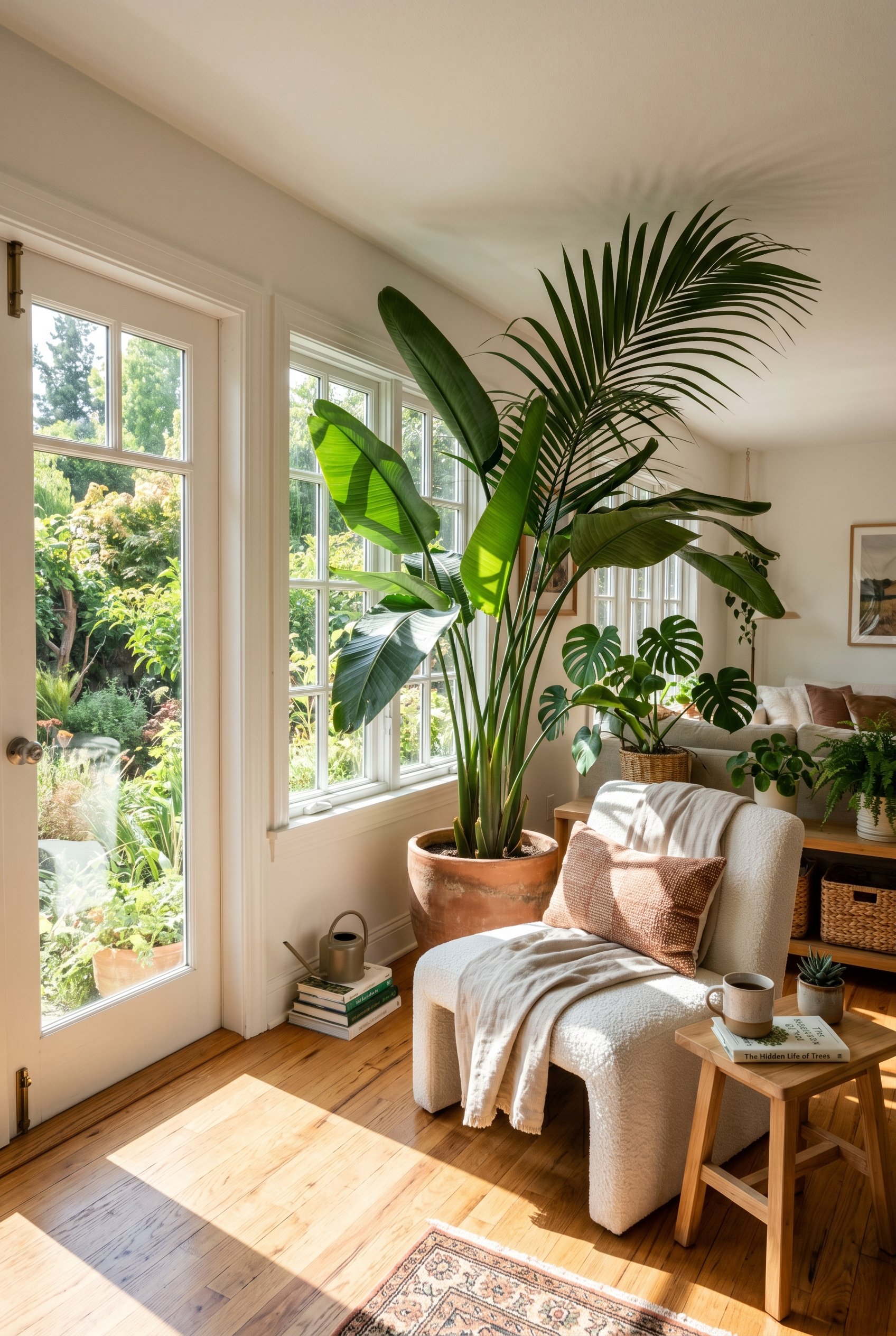 Photorealistic interior photo. South-facing sunroom, huge Bird of Paradise plant next to a low-slung white boucle lounge chair. Bright natural sunlight casting sharp shadows. Hardwood floors. Editoria