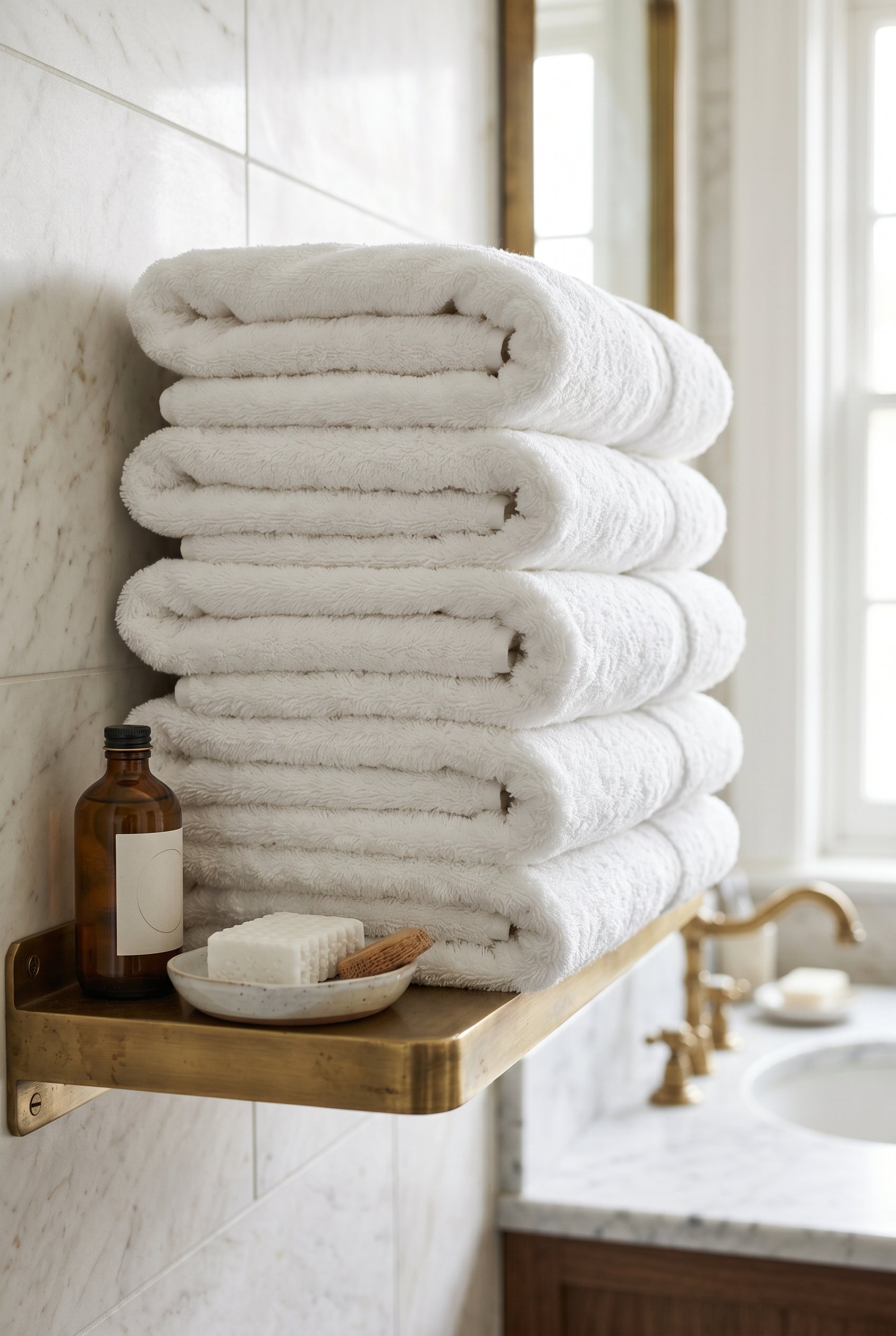 Photorealistic interior photo. Stack of incredibly thick, plush, pure white Turkish cotton towels folded neatly on a brass bathroom shelf, bright clean lighting, close up detail shot. Editorial photog
