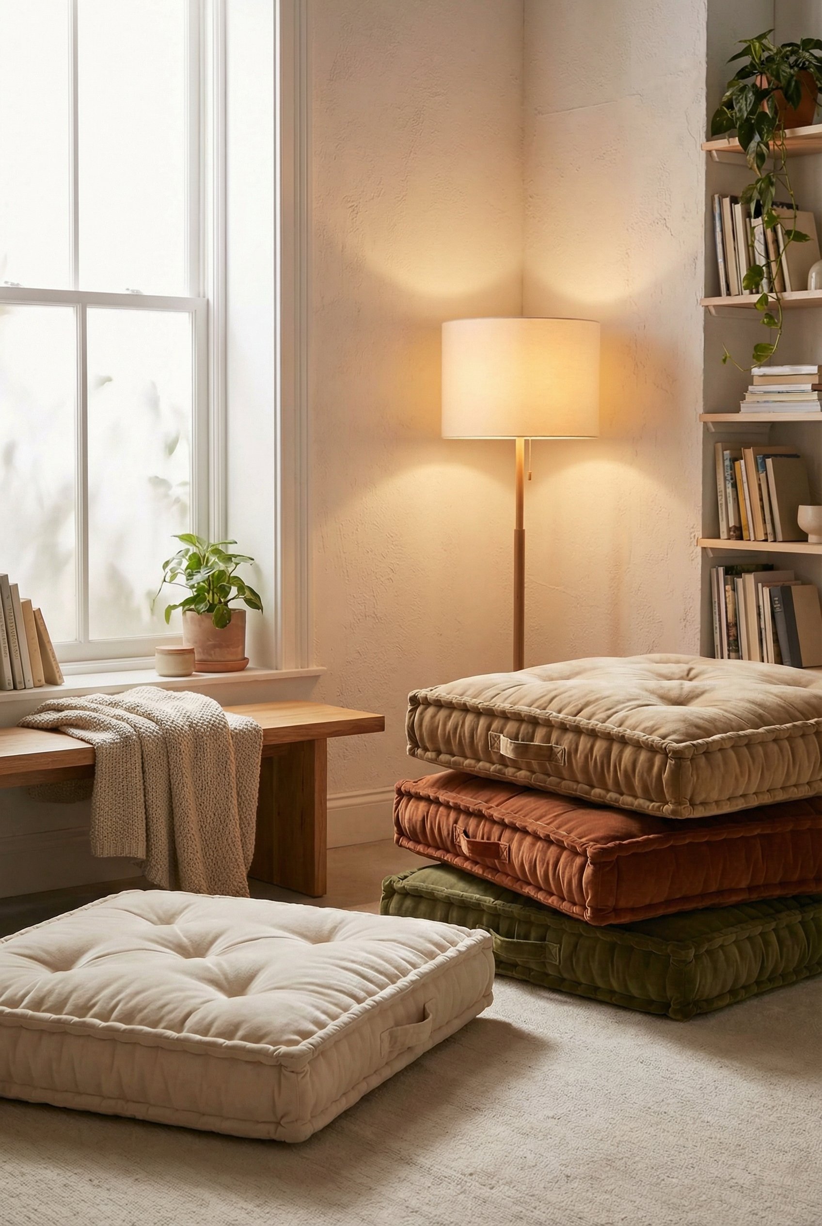 Photorealistic interior photo. Stack of thick tufted floor pillows in the corner of a small living room, low profile seating, warm ambient light. Editorial photography style, no people visible.