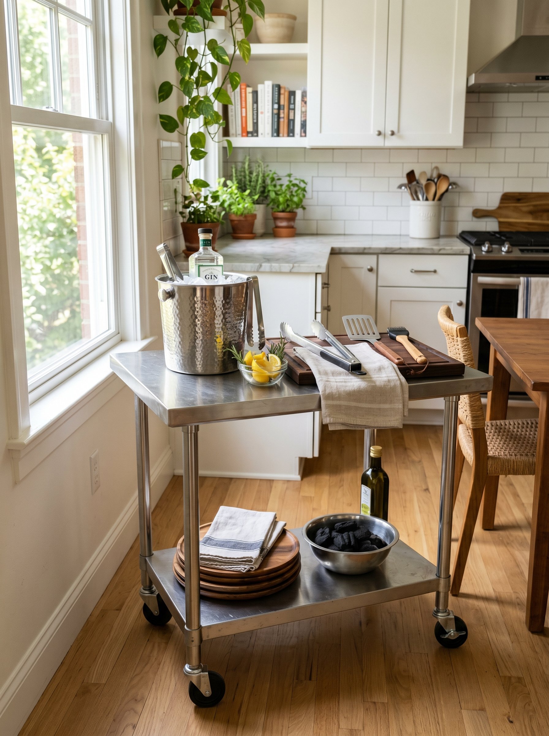 Photorealistic interior photo. Stainless steel rolling prep cart with grill tools and a modern ice bucket, bright sunny lighting, 45-degree angle. Editorial photography style, no people visible.