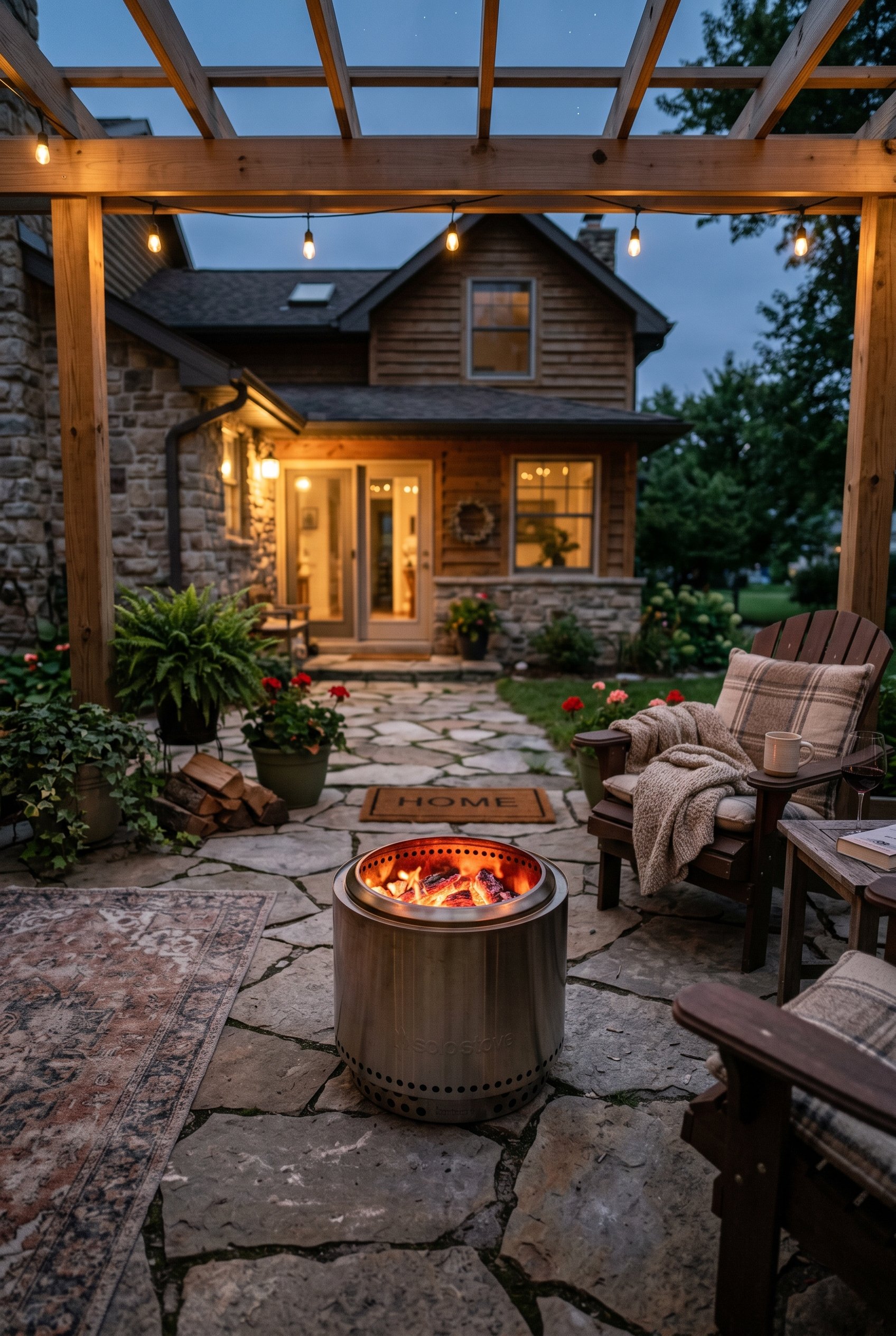 Photorealistic interior photo. Stainless steel smokeless fire pit glowing with orange embers on a stone patio, twilight lighting, low camera angle. Editorial photography style, no people visible.