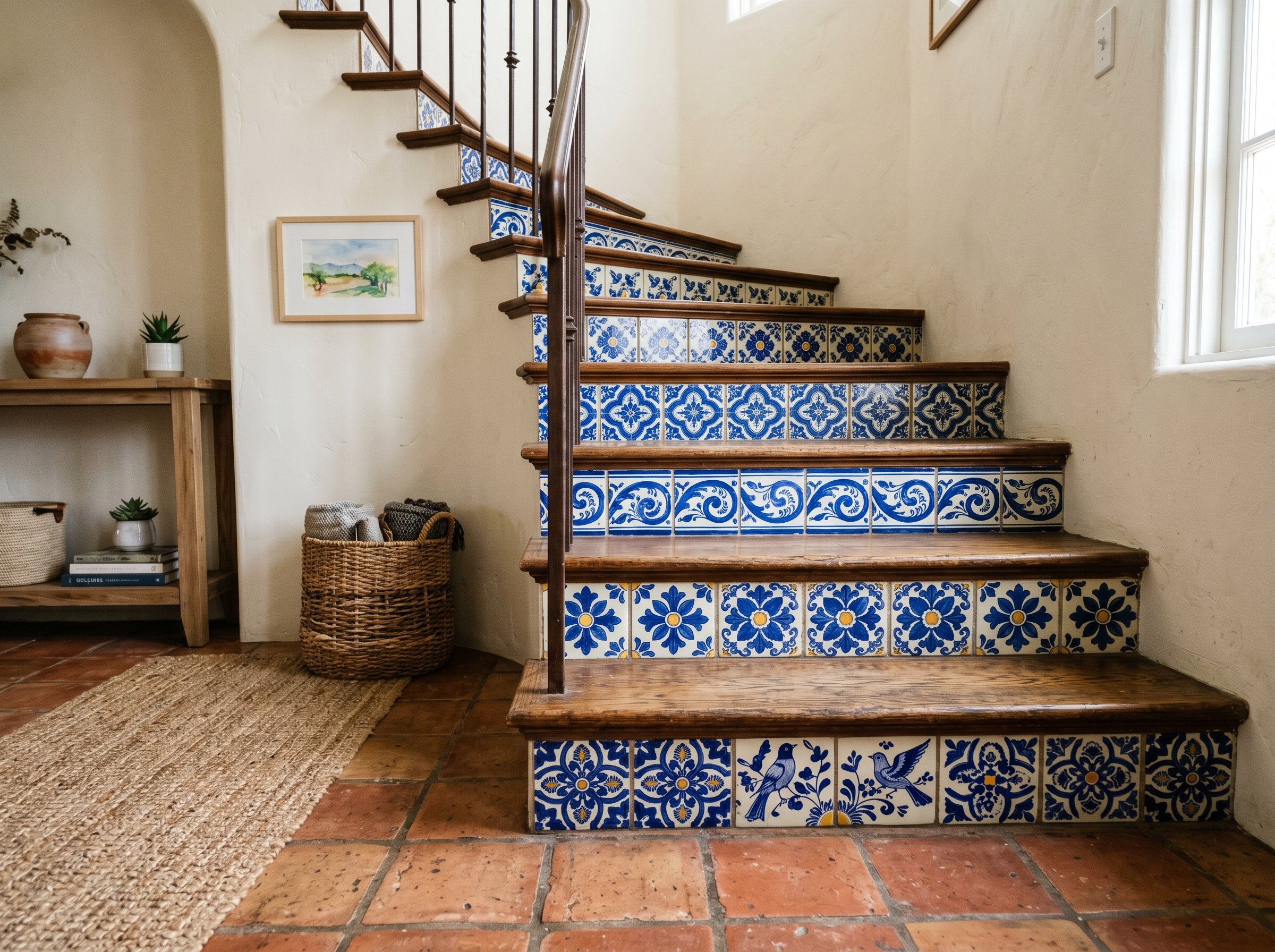 Photorealistic interior photo. Staircase risers covered in authentic, hand-painted blue and white Talavera ceramic tiles, rustic terracotta floor. Bright natural lighting, close-up angled shot. Editor