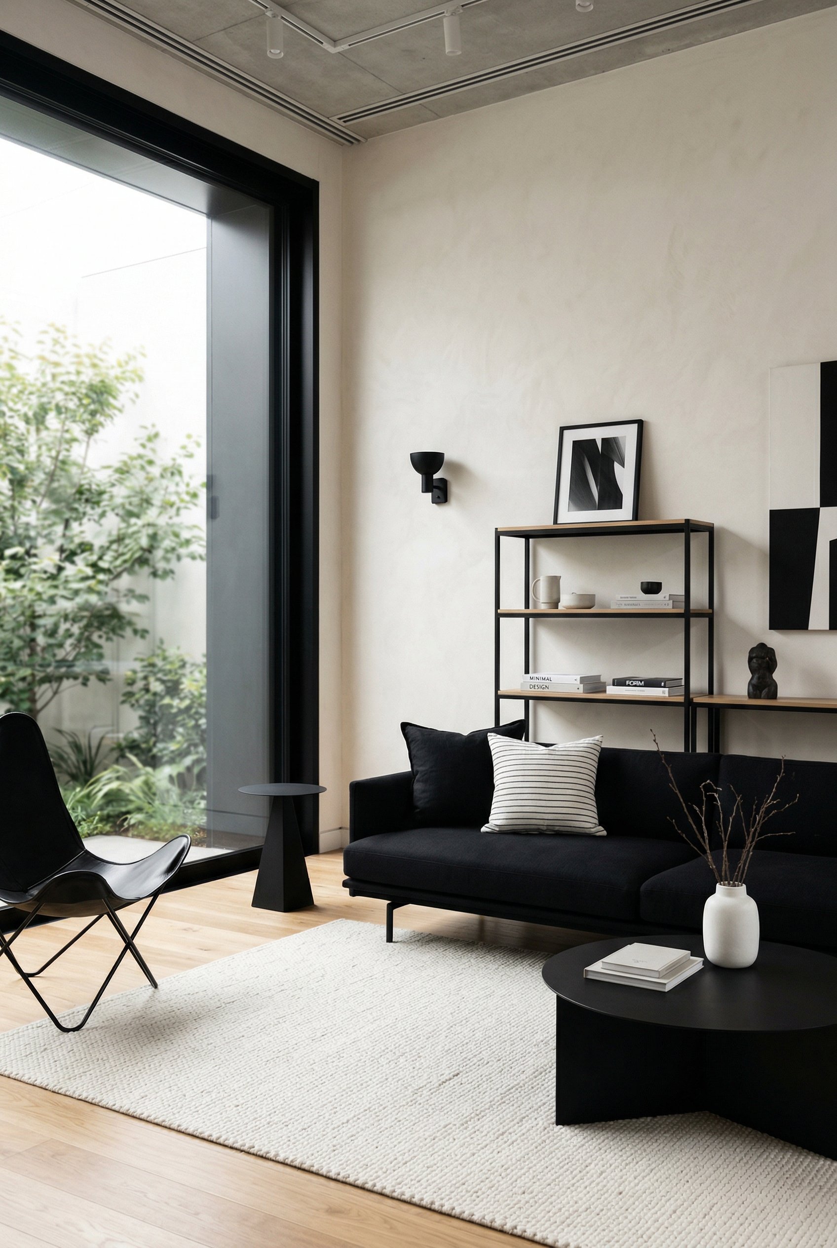 Photorealistic interior photo. Stark black modern sofa against warm white walls, matte black architectural details, black and white minimalist decor, soft window lighting, wide camera angle. Editorial