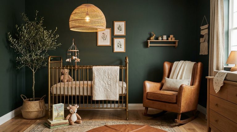Photorealistic interior photo. Striking nursery interior with dark matte forest green walls, a vintage brass crib, caramel leather rocking chair, warm oak wood flooring, and a large rattan pendant lig