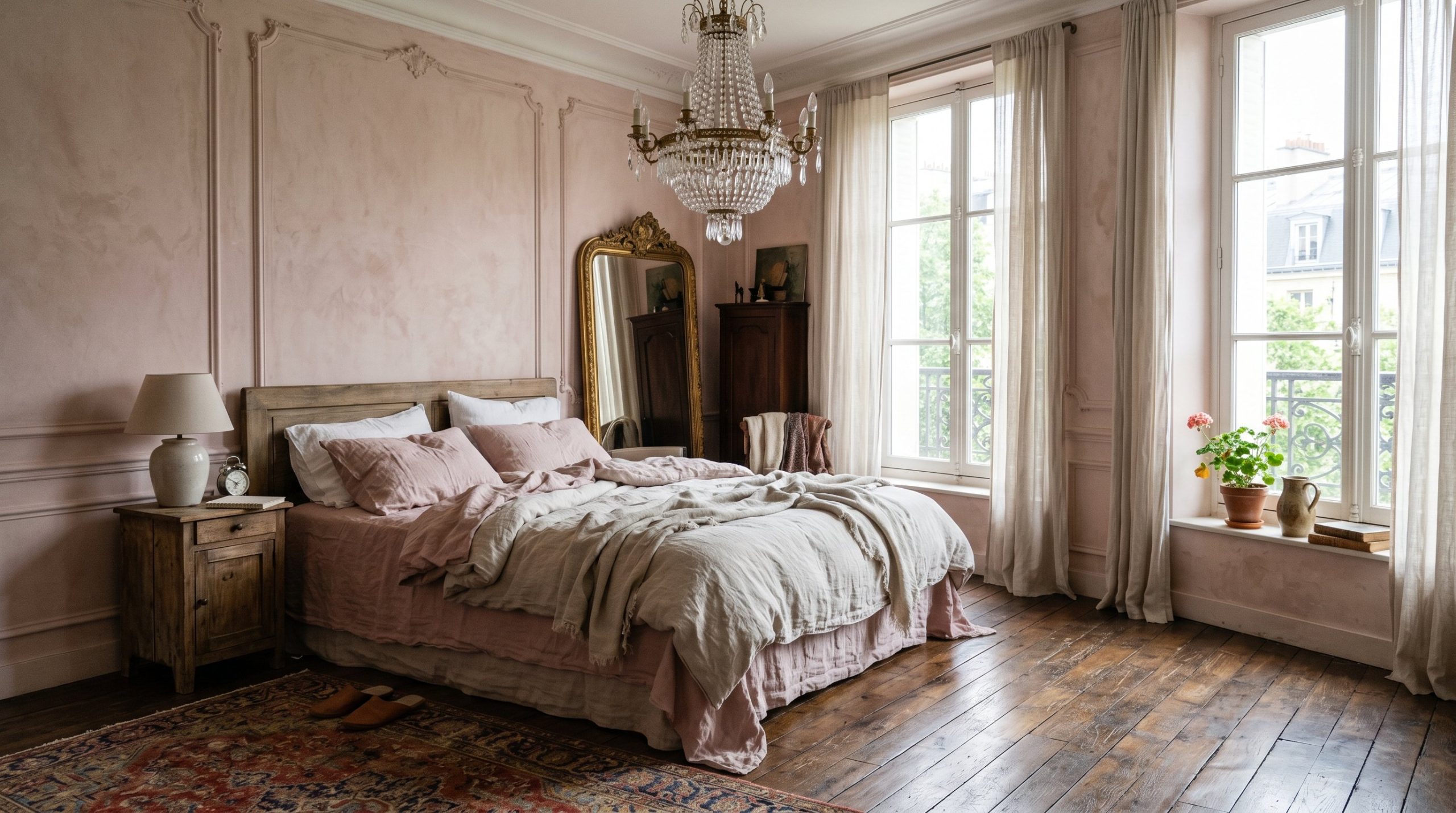 Photorealistic interior photo. Stunning European style bedroom mixing modern and antique elements, dusty pink lime washed walls with subtle molding, unmade bed with rumpled heavy flax linen sheets, vi