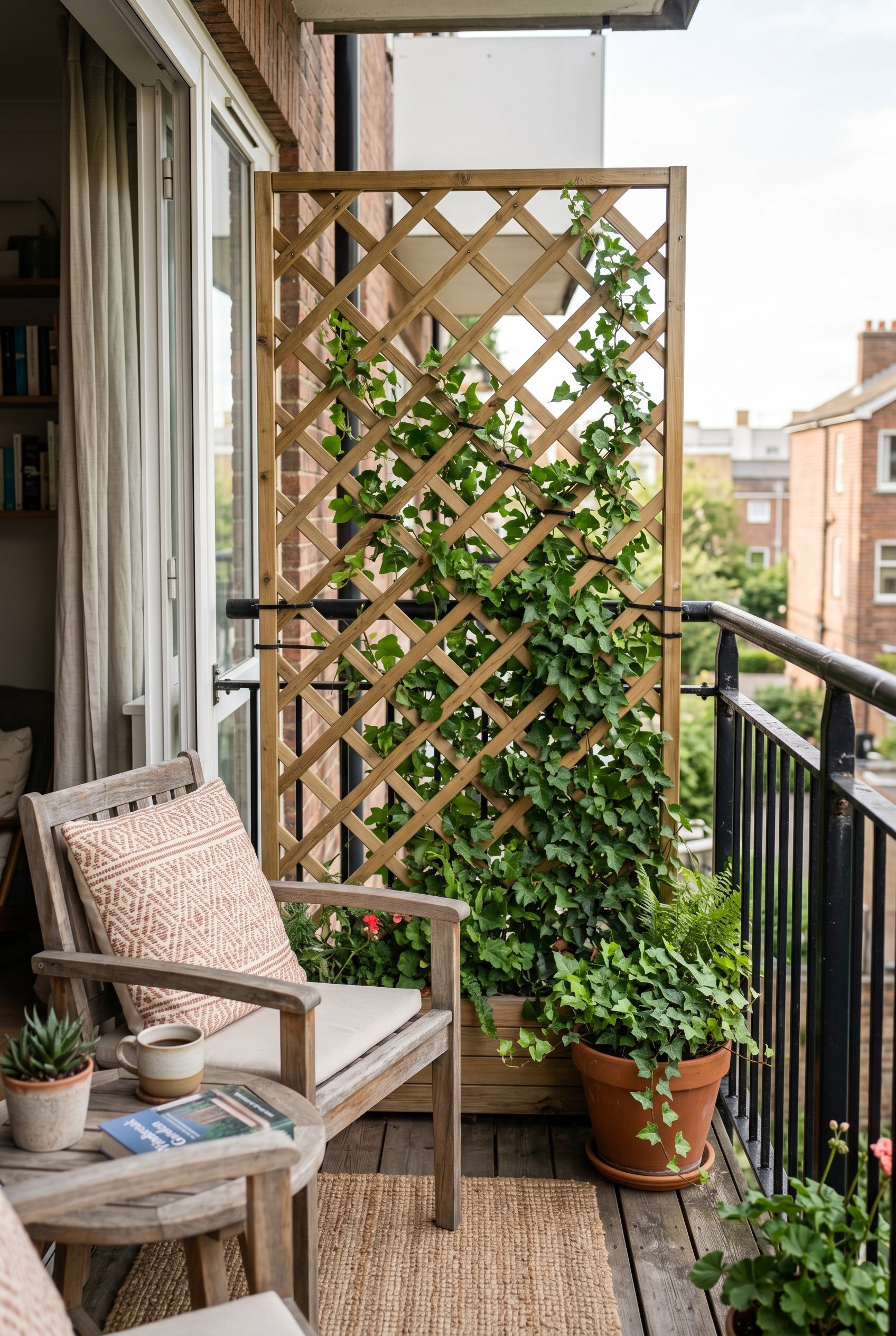 Photorealistic interior photo. Sturdy wooden lattice panel securely zip-tied to a black iron balcony railing serving as a windbreak, green ivy climbing the wood, soft afternoon sunlight, medium shot. 