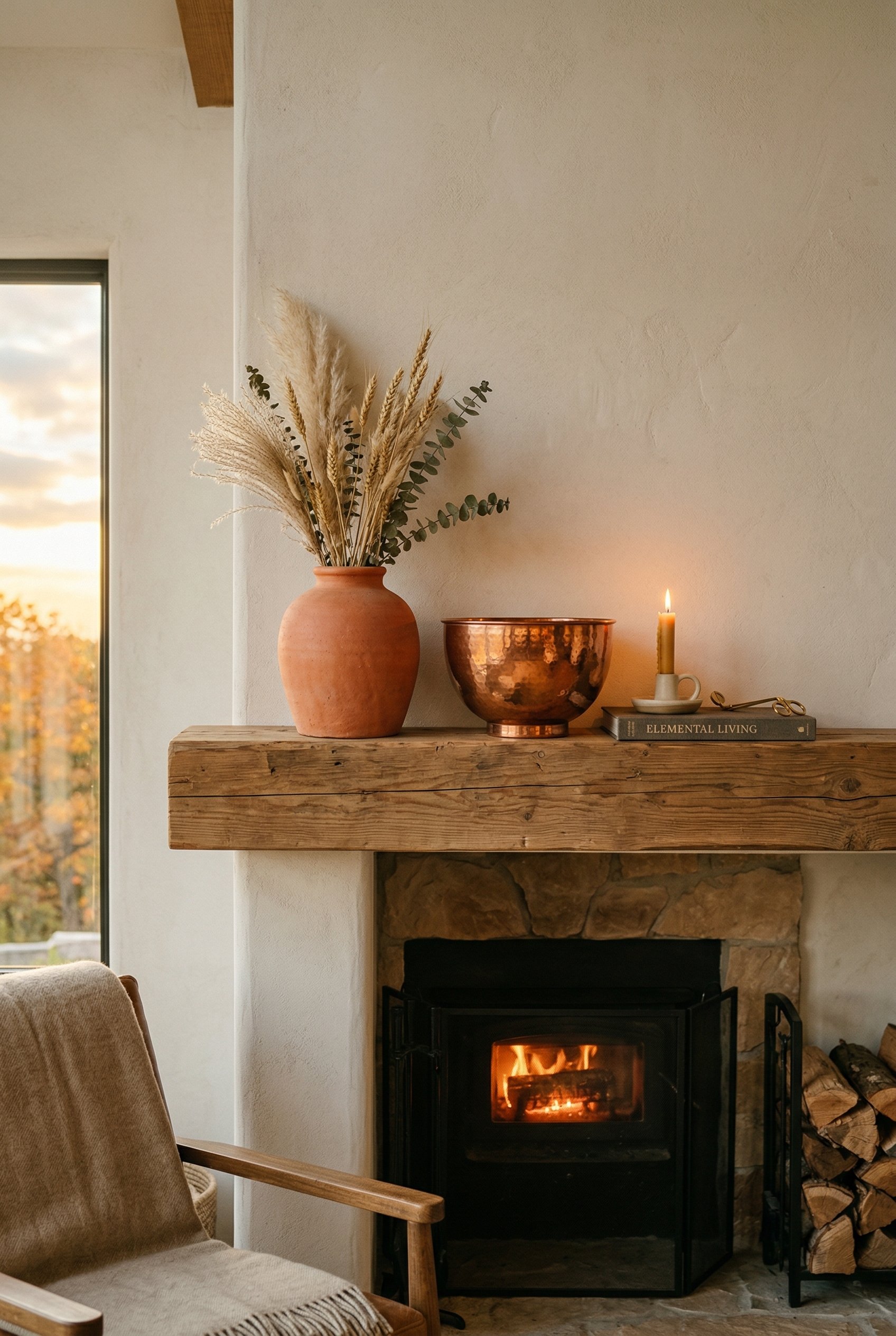 Photorealistic interior photo. Styled fireplace mantel featuring a matte terracotta clay vase sitting next to a polished copper decorative bowl, warm sunset lighting, straight-on angle. Editorial phot