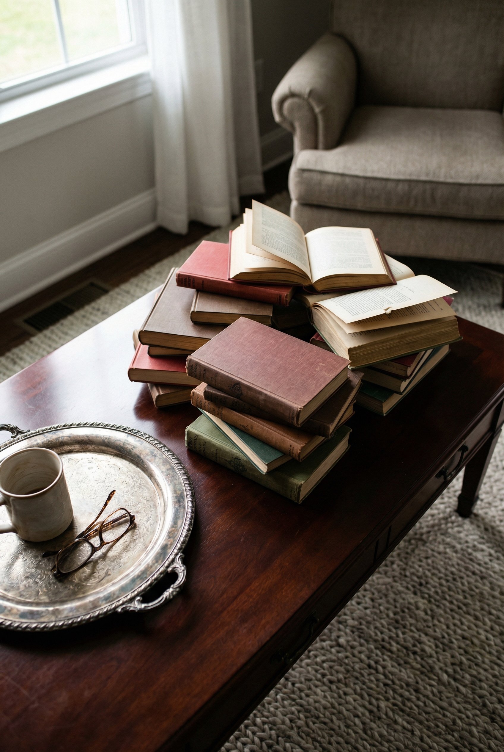 Photorealistic interior photo. Styling on a dark mahogany coffee table featuring a messy stack of well-read vintage hardcover books and a slightly tarnished silver tray. Soft natural light, high camer