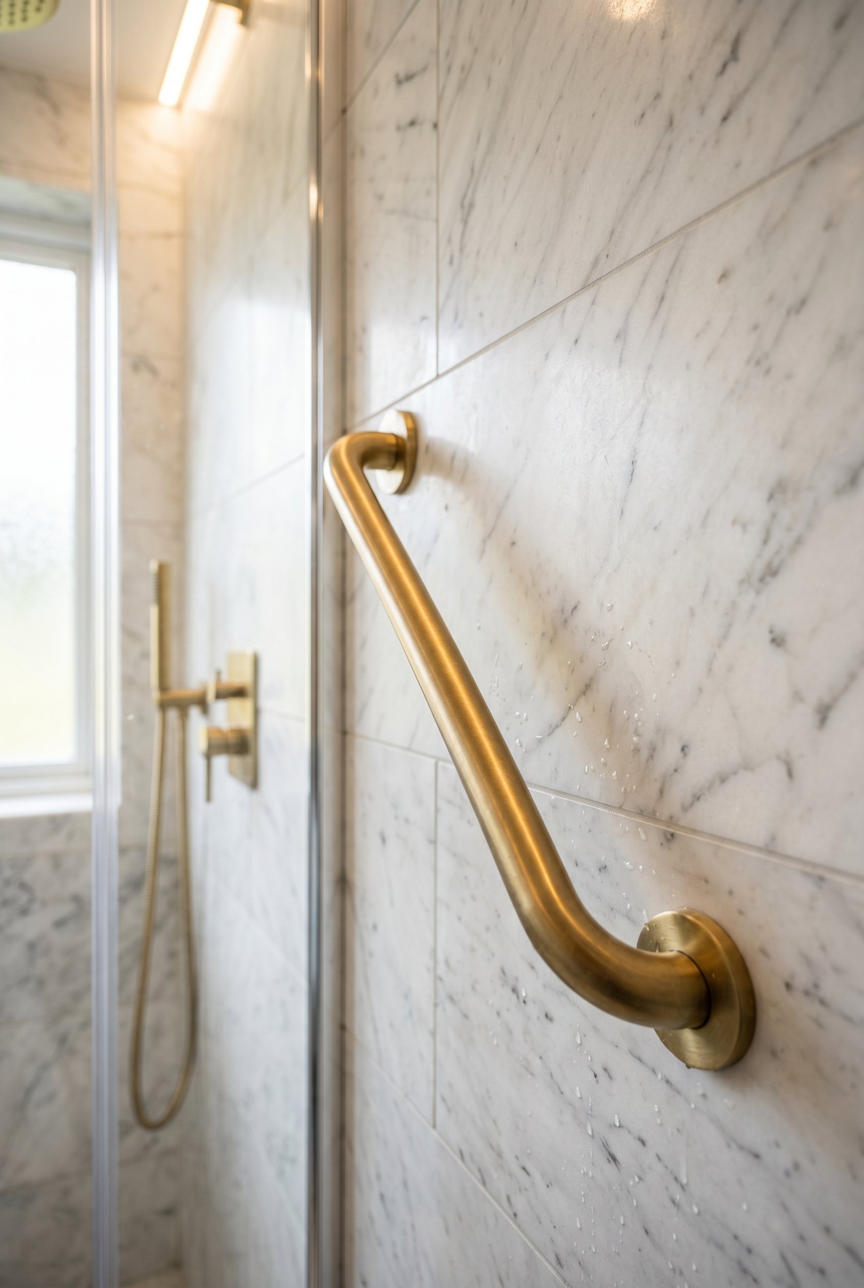 Photorealistic interior photo. Stylish brushed brass grab bar mounted seamlessly on a white marble shower wall, elegant design, bright shower lighting, close up angled shot. Editorial photography styl