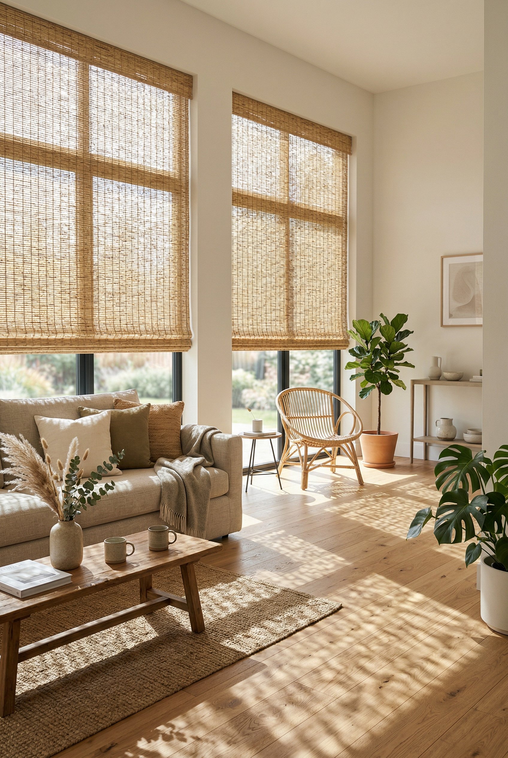 Photorealistic interior photo. Sunlight filtering through woven bamboo roman shades in a modern living room, dappled light on a wood floor, airy aesthetic. Editorial photography style, no people visib