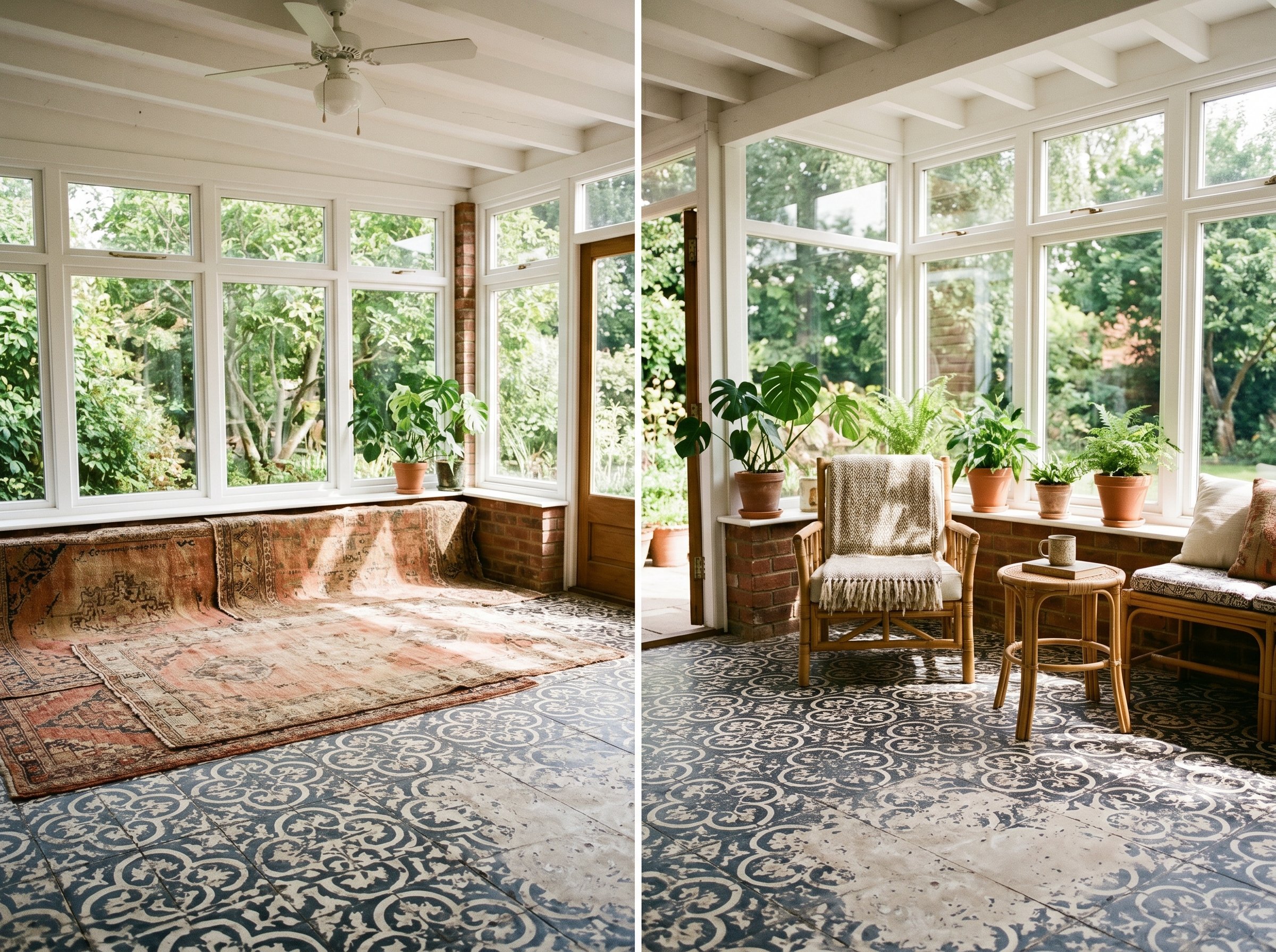 Photorealistic interior photo. Sunroom floor featuring distressed, black and white Moroccan-style stenciled concrete, vintage rugs pushed to the side, sunny bright lighting. Editorial photography styl