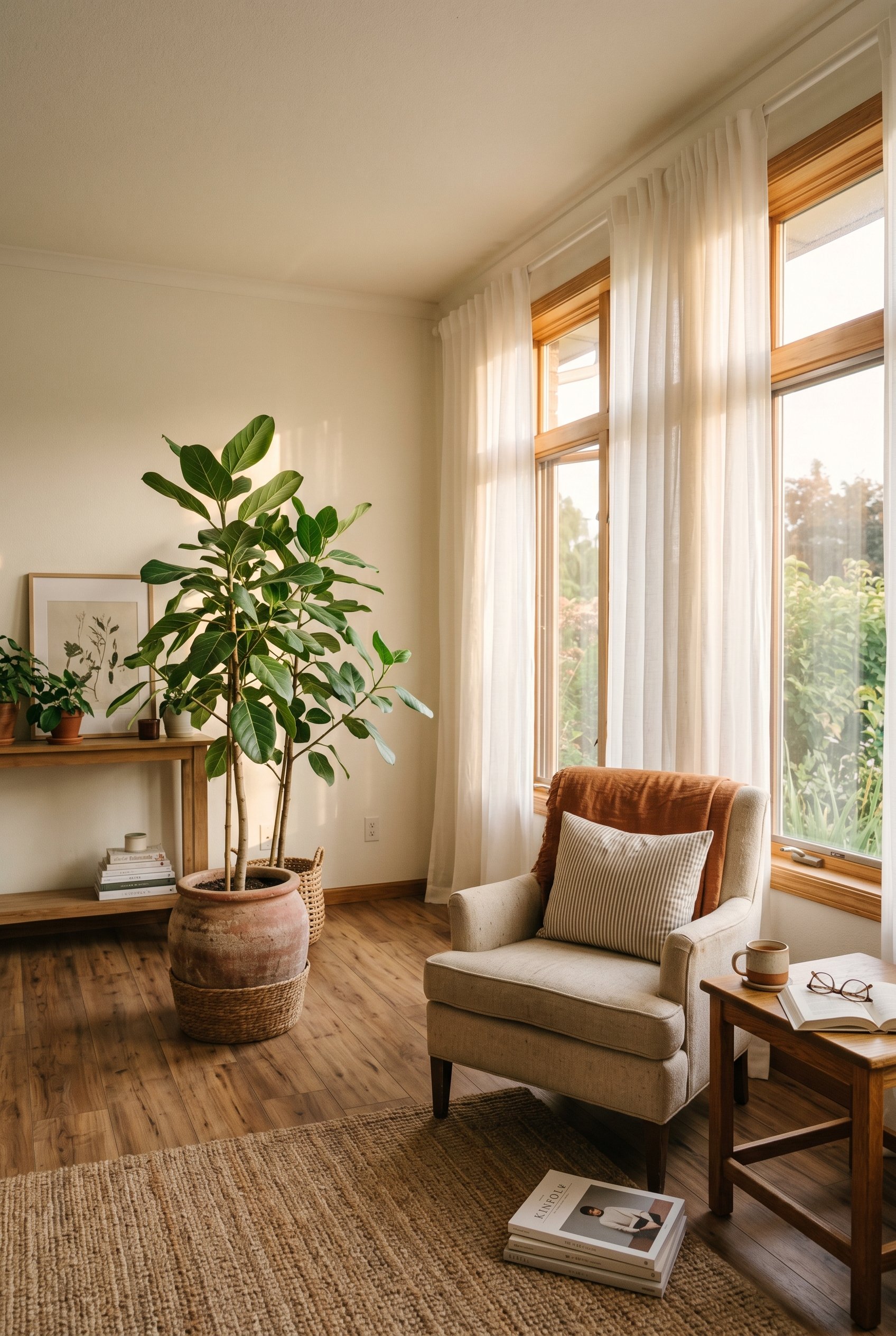 Photorealistic interior photo. Sunroom with tall west-facing windows. Floor-to-ceiling sheer white linen curtains filter the afternoon sun. A large Ficus Audrey plant stands in the corner. Editorial p