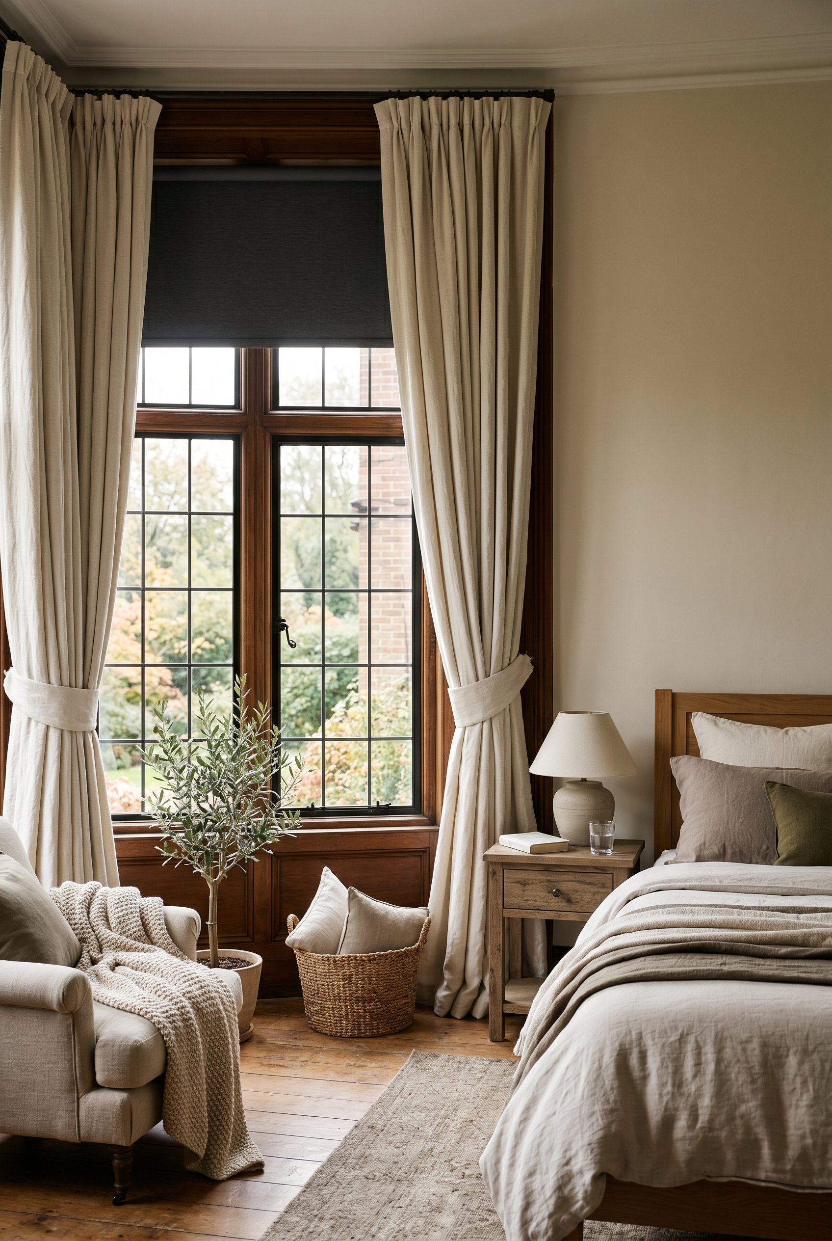 Photorealistic interior photo. Tall bedroom windows with heavy cream linen drapes pulled back, revealing a subtle dark blackout roller shade inside the frame, natural light. Editorial photography styl