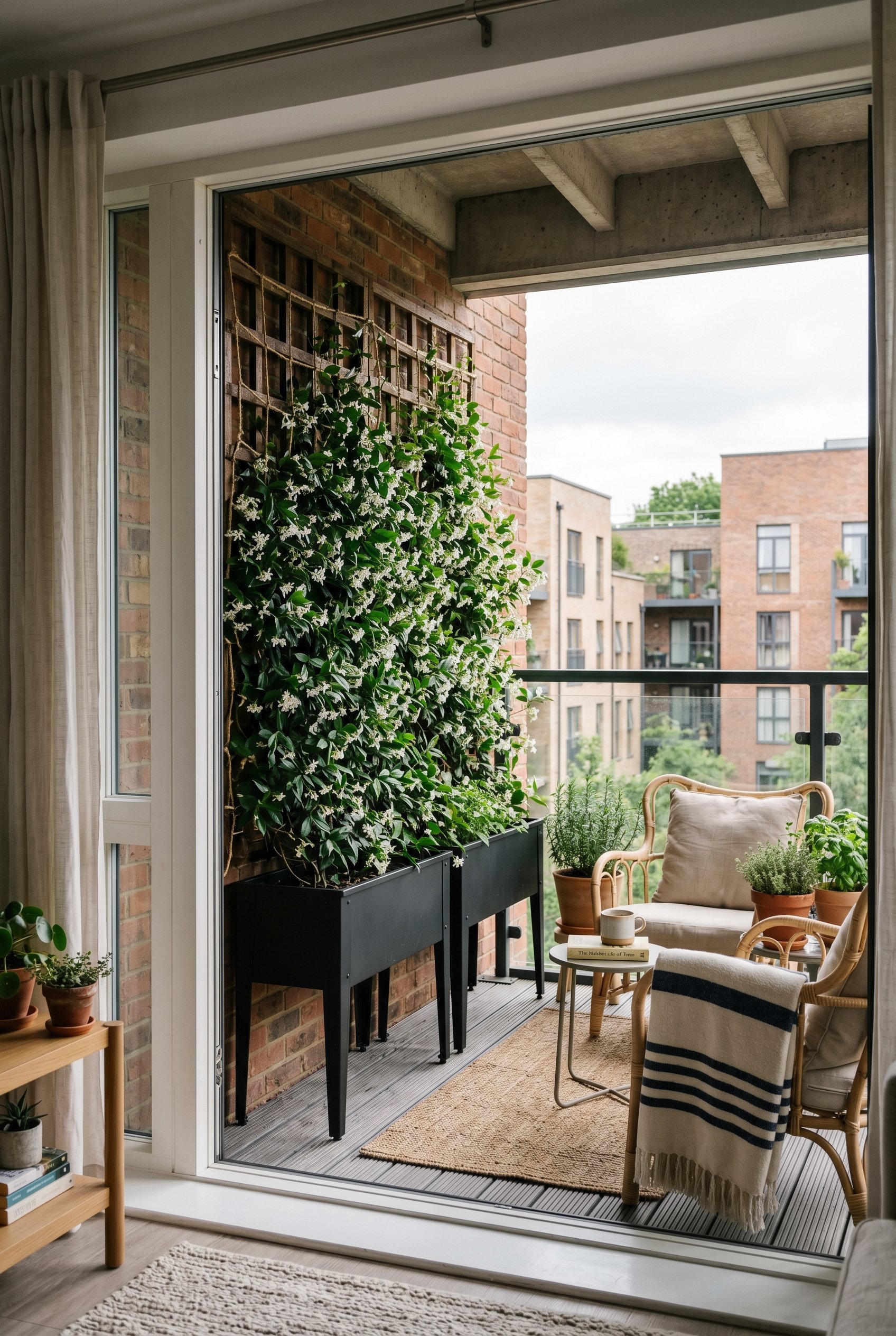 Photorealistic interior photo. Tall black metal trough planters filled with dense climbing jasmine on a modern balcony, soft overcast lighting, straight-on angle. Editorial photography style, no peopl