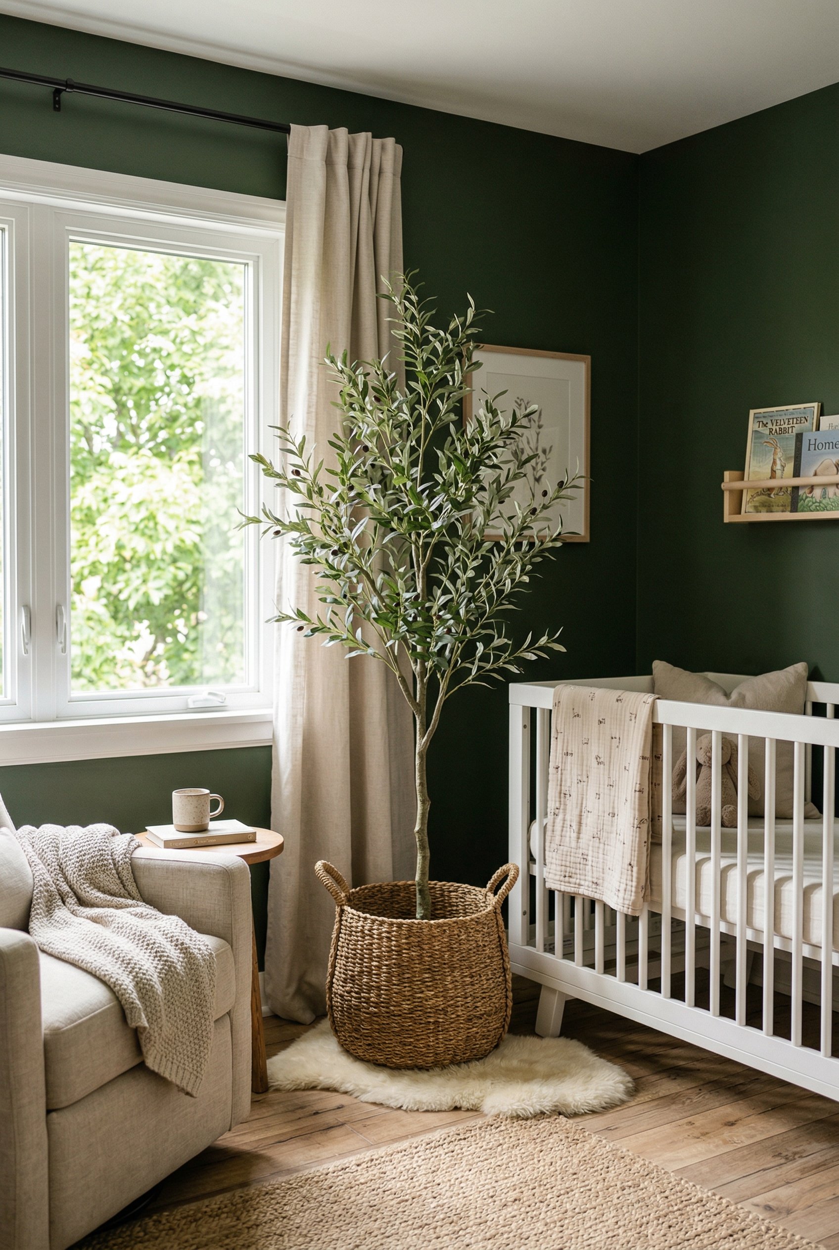 Photorealistic interior photo. Tall faux olive tree in a woven seagrass basket sitting in the corner of a forest green nursery, bright natural window light. Editorial photography style, no people visi