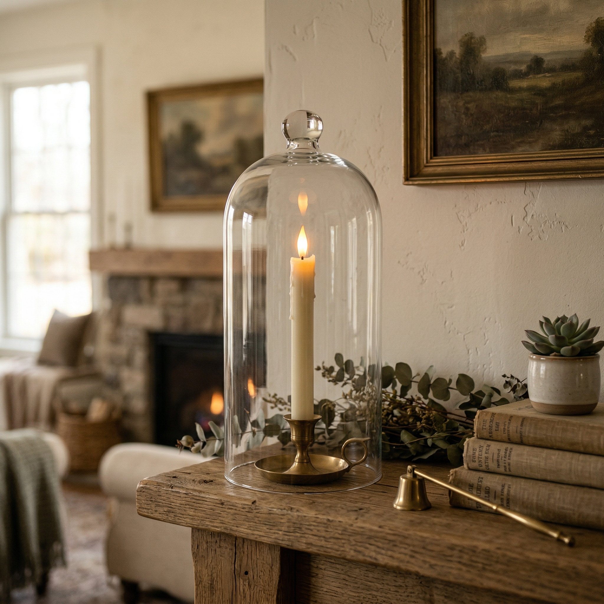 Photorealistic interior photo. Tall glass cloche housing a realistic flameless taper candle in a low brass holder, resting on a mantelpiece, warm glowing ambient light, eye-level camera angle. Editori