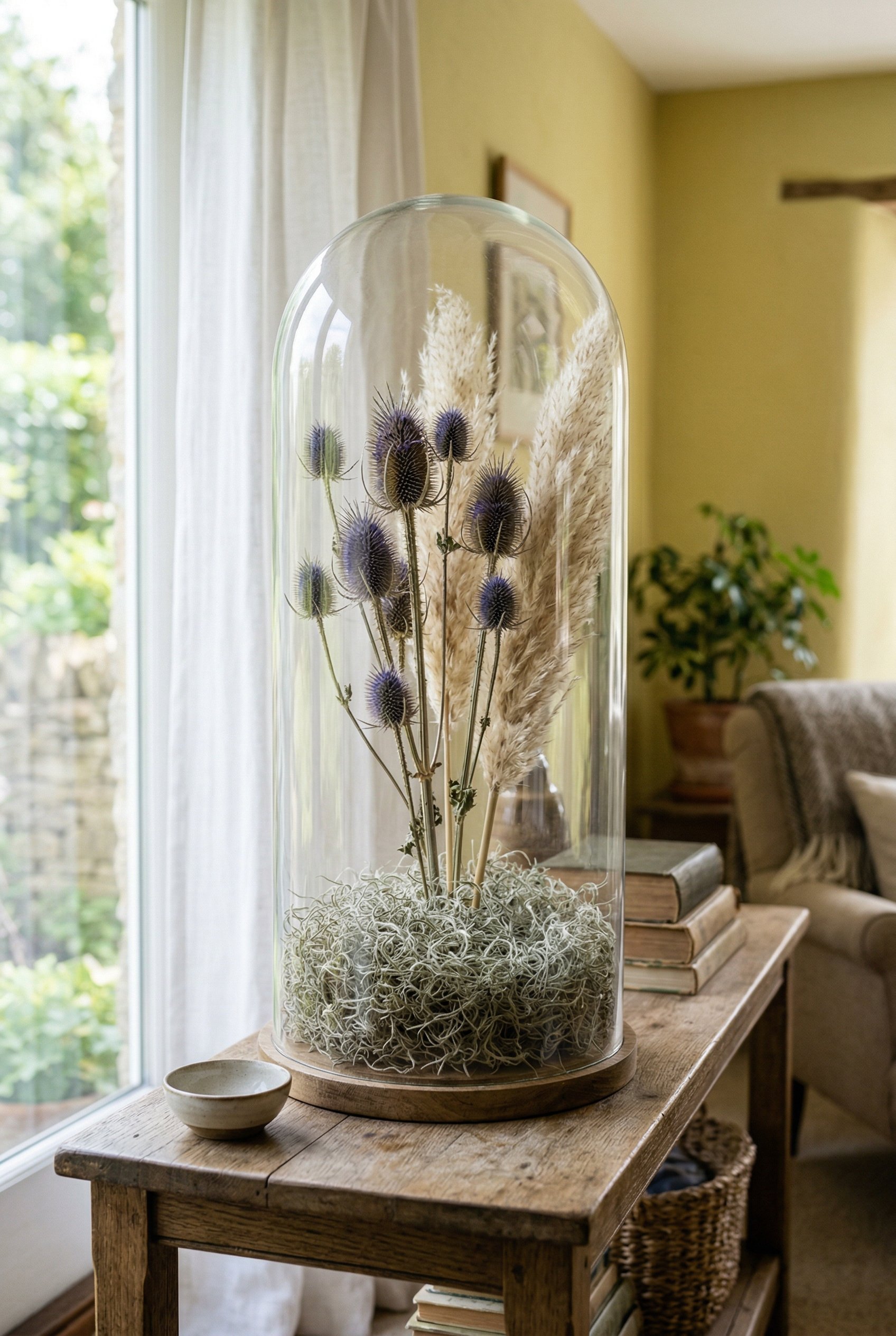 Photorealistic interior photo. Tall glass cloche housing upright dried thistle and pampas grass, secured at the base with spanish moss, bright natural daylight, close-up camera angle. Editorial photog