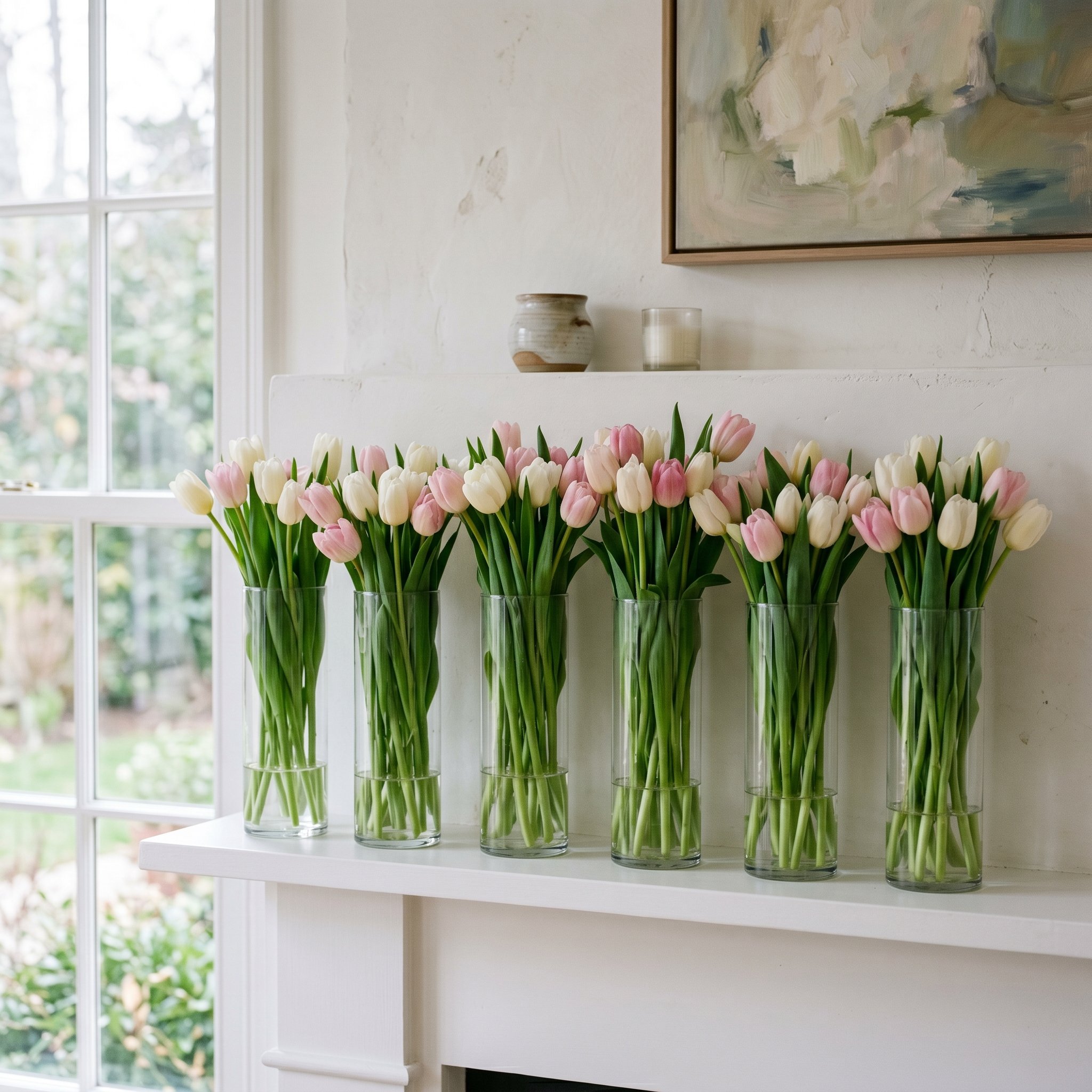 Photorealistic interior photo. Tall, narrow glass cylinder vases tightly packed with fresh white and pale pink tulips, standing perfectly upright on a minimalist white mantel. Crisp natural light. Edi