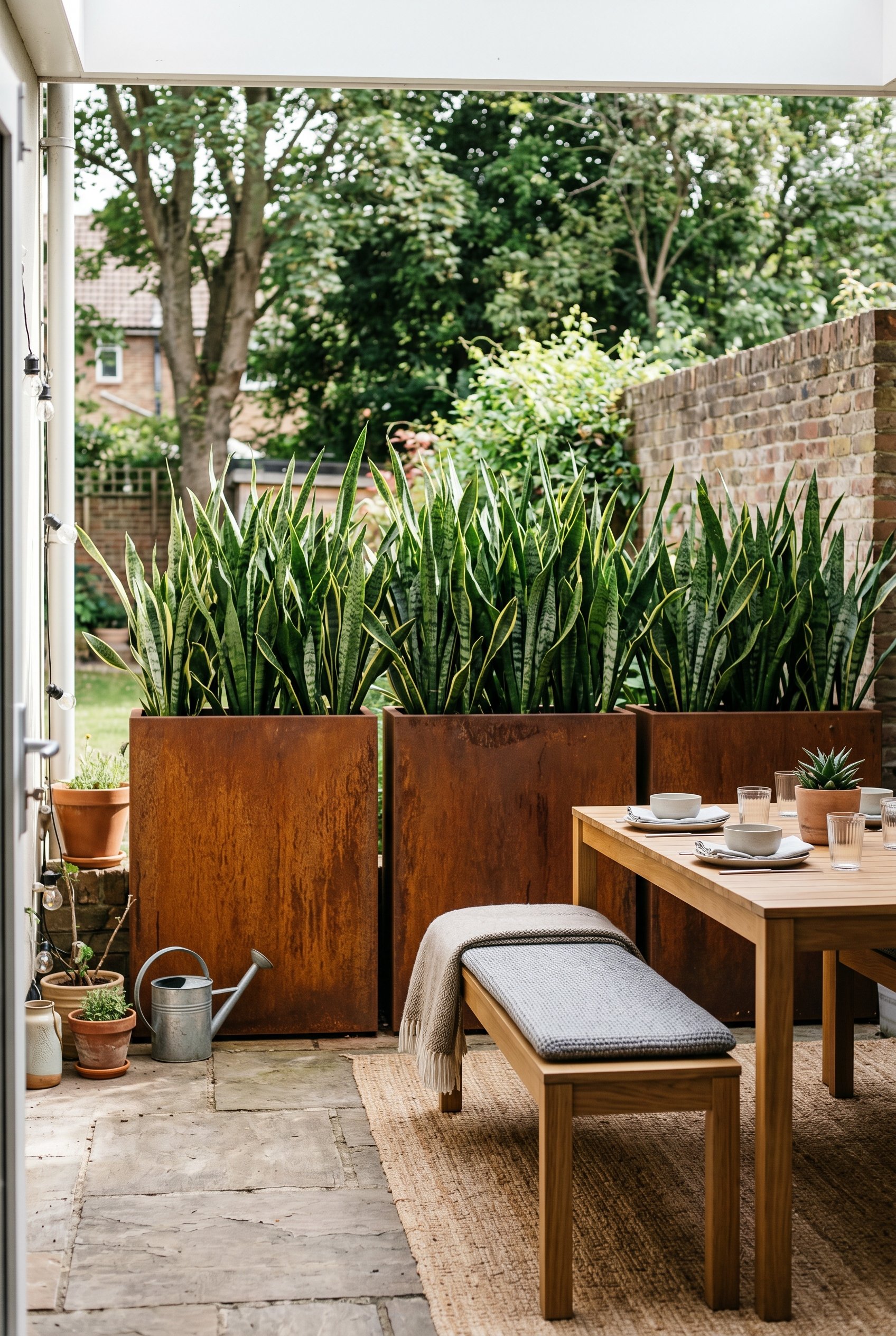 Photorealistic interior photo. Tall rusted corten steel trough planters acting as a privacy wall, filled with dense snake plants. Placed behind a modern outdoor dining bench. Natural midday lighting. 