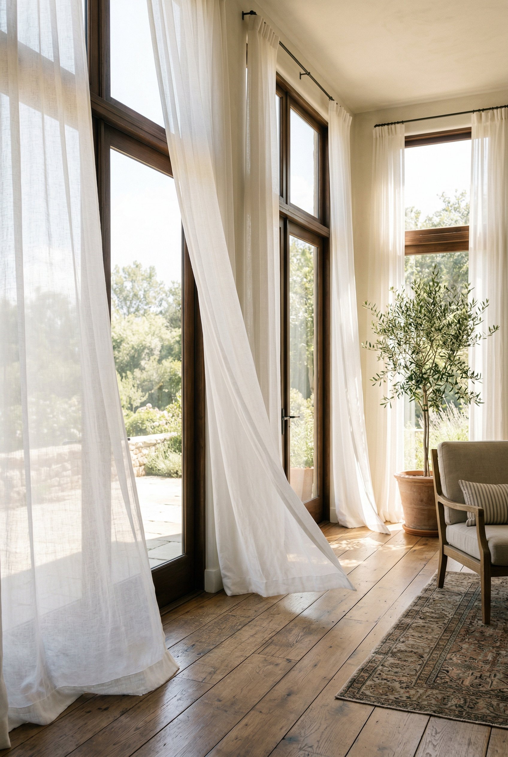 Photorealistic interior photo. Tall windows draped with lightweight, sheer white linen curtains catching a gentle breeze, bright sunlight, low angle. Editorial photography style, no people visible.