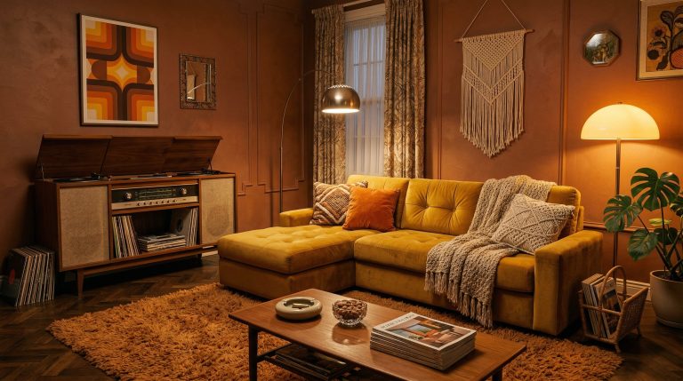 Photorealistic interior photo. The ultimate retro living room featuring a low-slung mustard velvet sofa, a thick shag rug, a vintage teak Hi-Fi console, and warm amber lighting from a frosted glass mu