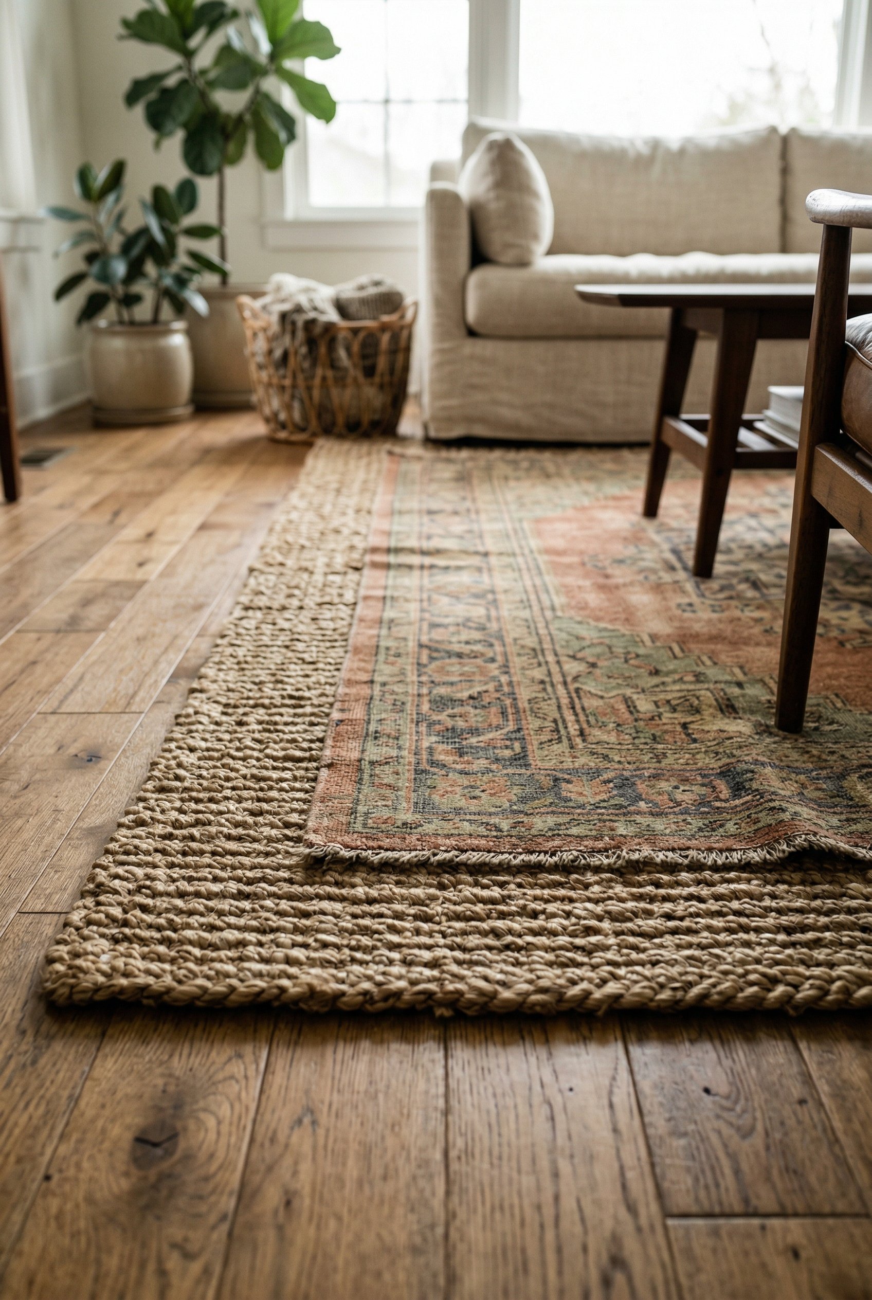 Photorealistic interior photo. Thick braided natural jute rug on a hardwood floor, layered with a slightly faded vintage Turkish rug in muted earthy tones, low camera angle focusing on texture. Editor