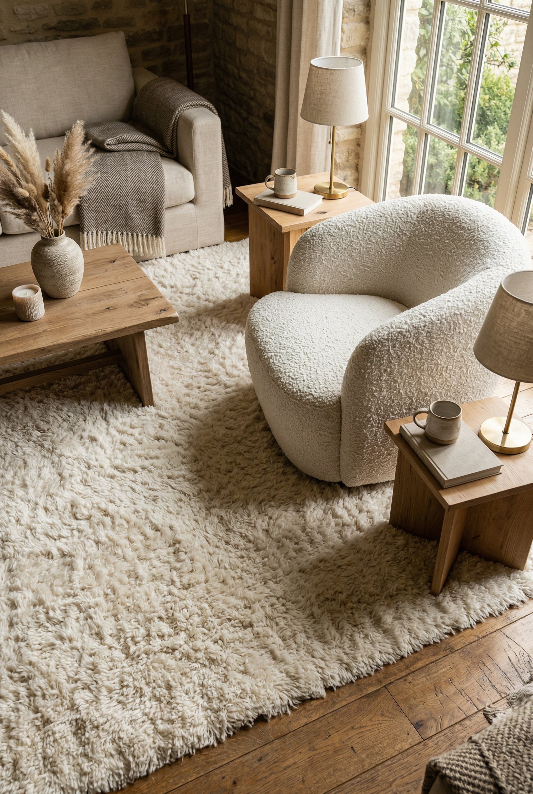 Photorealistic interior photo. Thick cream-colored shag pile rug in a cozy living room seating area, heavy boucle accent chair sitting on the rug, high-angle shot focusing on texture. Editorial photog