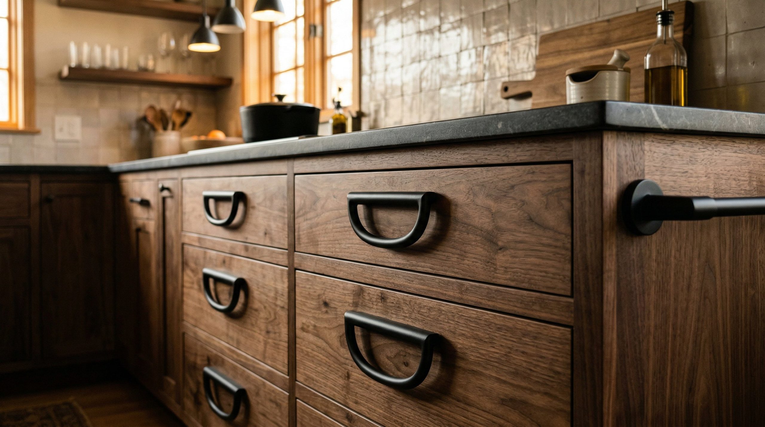 Photorealistic interior photo. Thick, ergonomic black D-shaped pulls mounted on heavy kitchen drawers, wide enough for an easy grip. Warm ambient lighting, side profile angle. Editorial photography st
