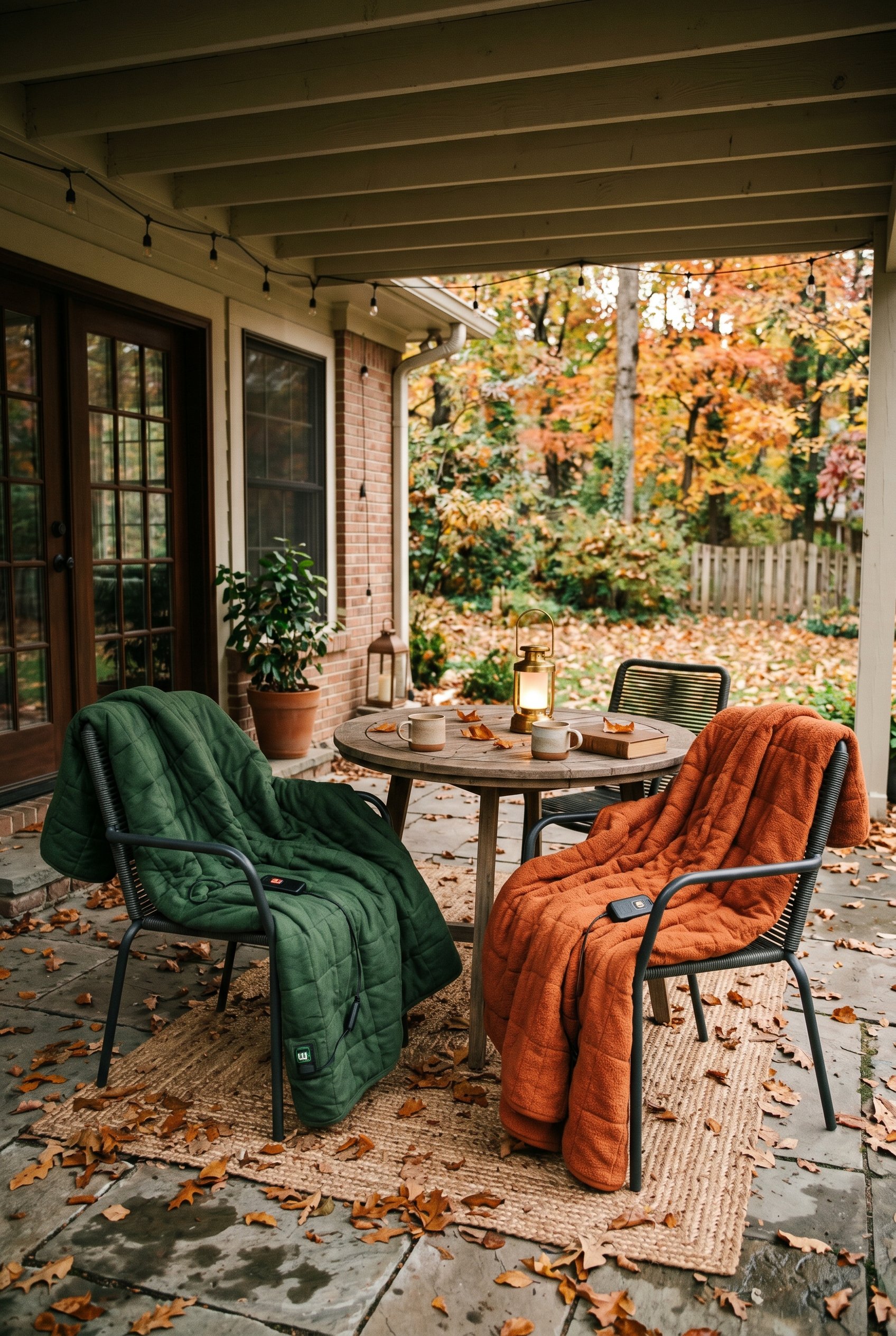 Photorealistic interior photo. Thick, heated battery-operated blankets draped casually over modern metal outdoor dining chairs. Autumn setting with fallen leaves on the patio. Moody afternoon lighting