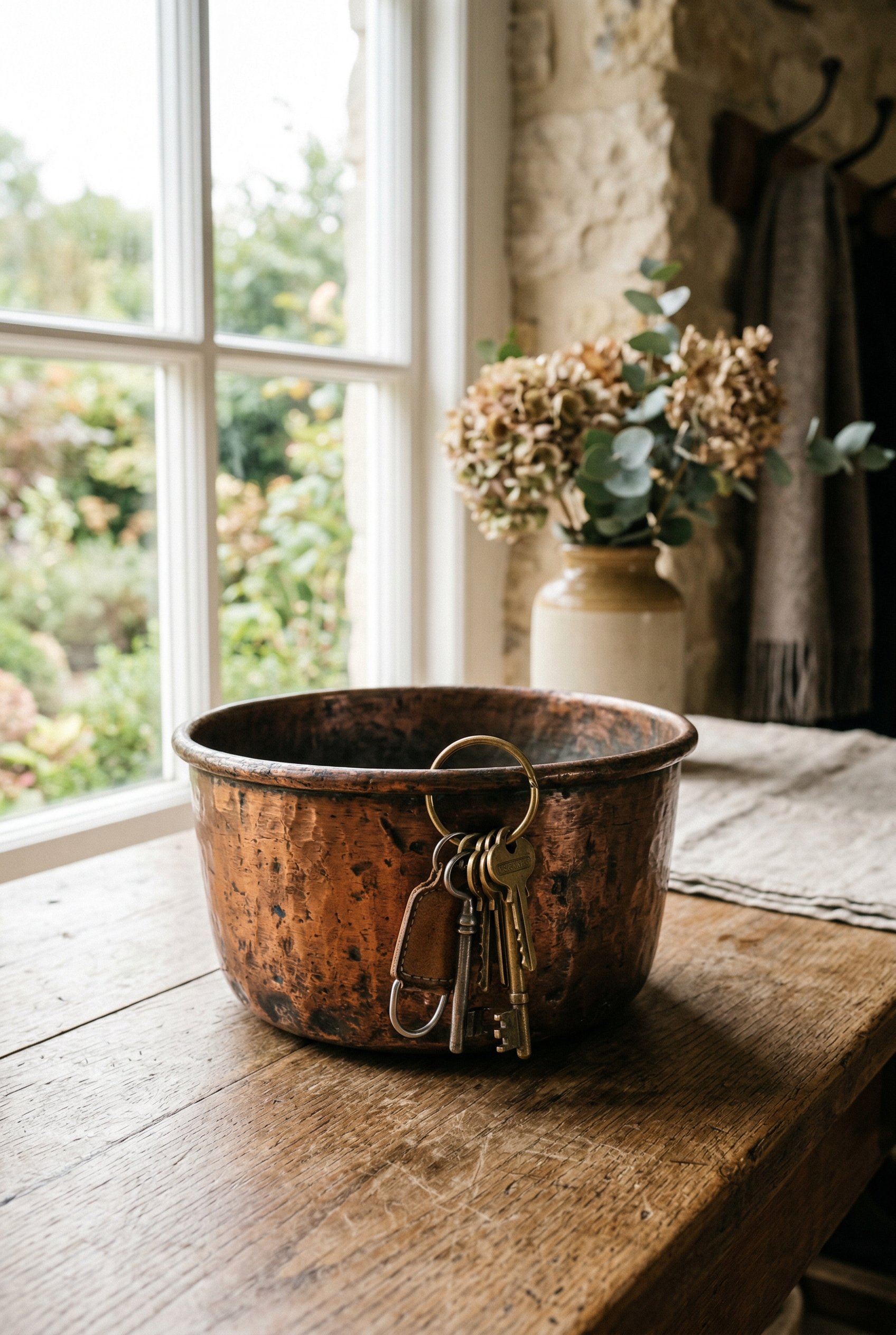 Photorealistic interior photo. Thick, heavy-gauge vintage copper catchall bowl holding a set of brass keys on an entryway table, natural window light, 45-degree angle. Editorial photography style, no 
