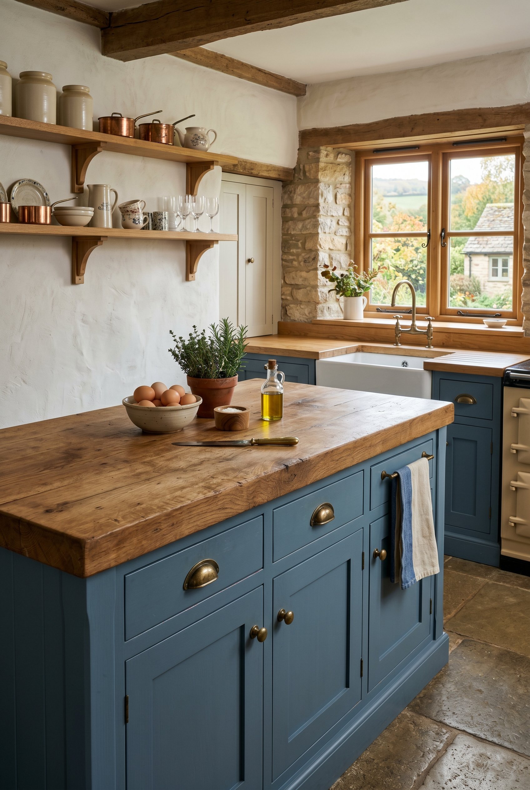 Photorealistic interior photo. Thick solid oak butcher block countertop sitting on French blue base cabinets. Rustic but clean, English countryside vibe. Editorial style.