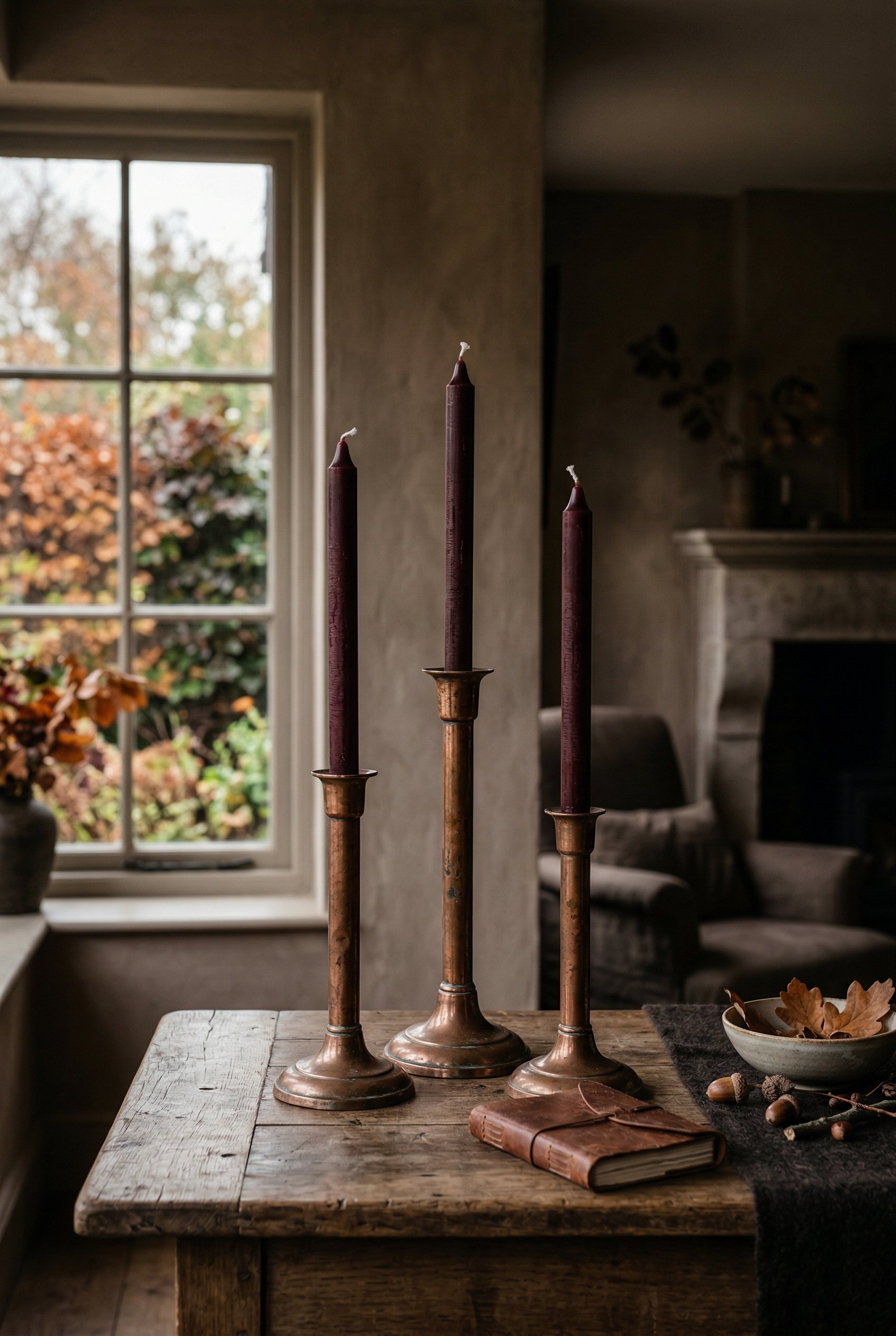 Photorealistic interior photo. Three heavy vintage copper candlesticks holding unlit dark burgundy taper candles on a wooden console table, moody autumn lighting, eye-level angle. Editorial photograph