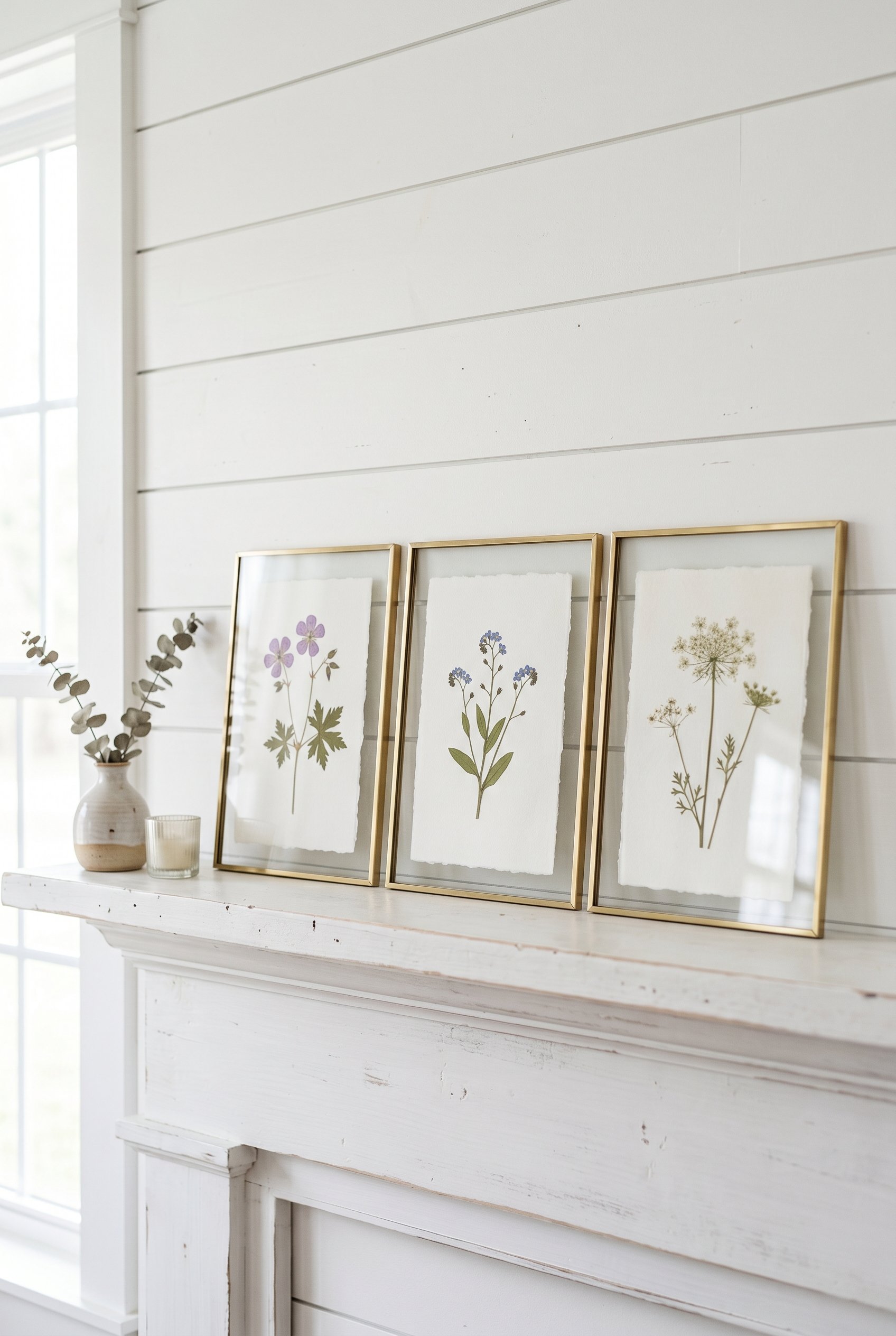 Photorealistic interior photo. Three matching thin brass frames leaning against a white shiplap wall above a mantel. Each frame contains a delicate pressed wildflower on watercolor paper. Bright, airy