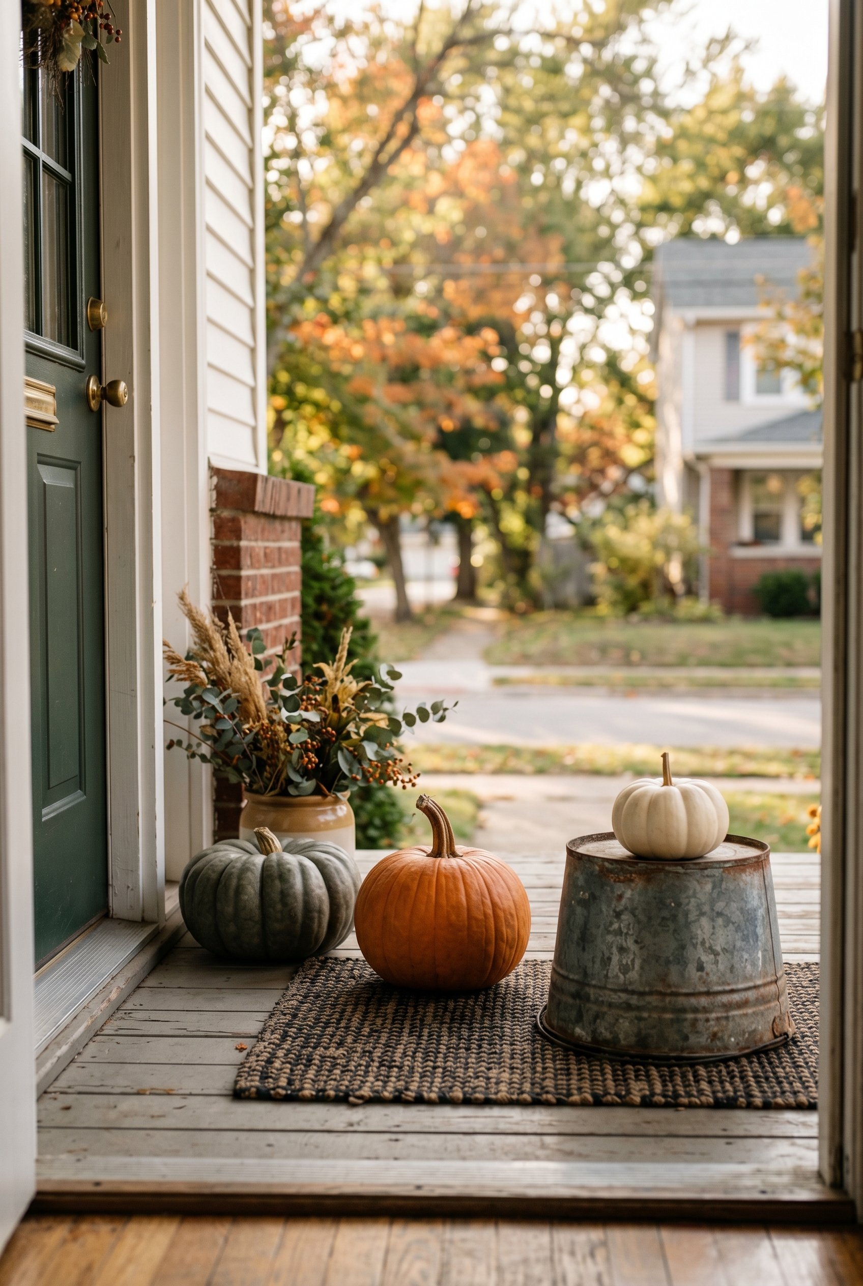 Photorealistic interior photo. Three pumpkins of varying sizes styled on an outdoor porch, the smallest resting on a rustic overturned galvanized bucket. Soft autumn sunlight, low camera angle, editor