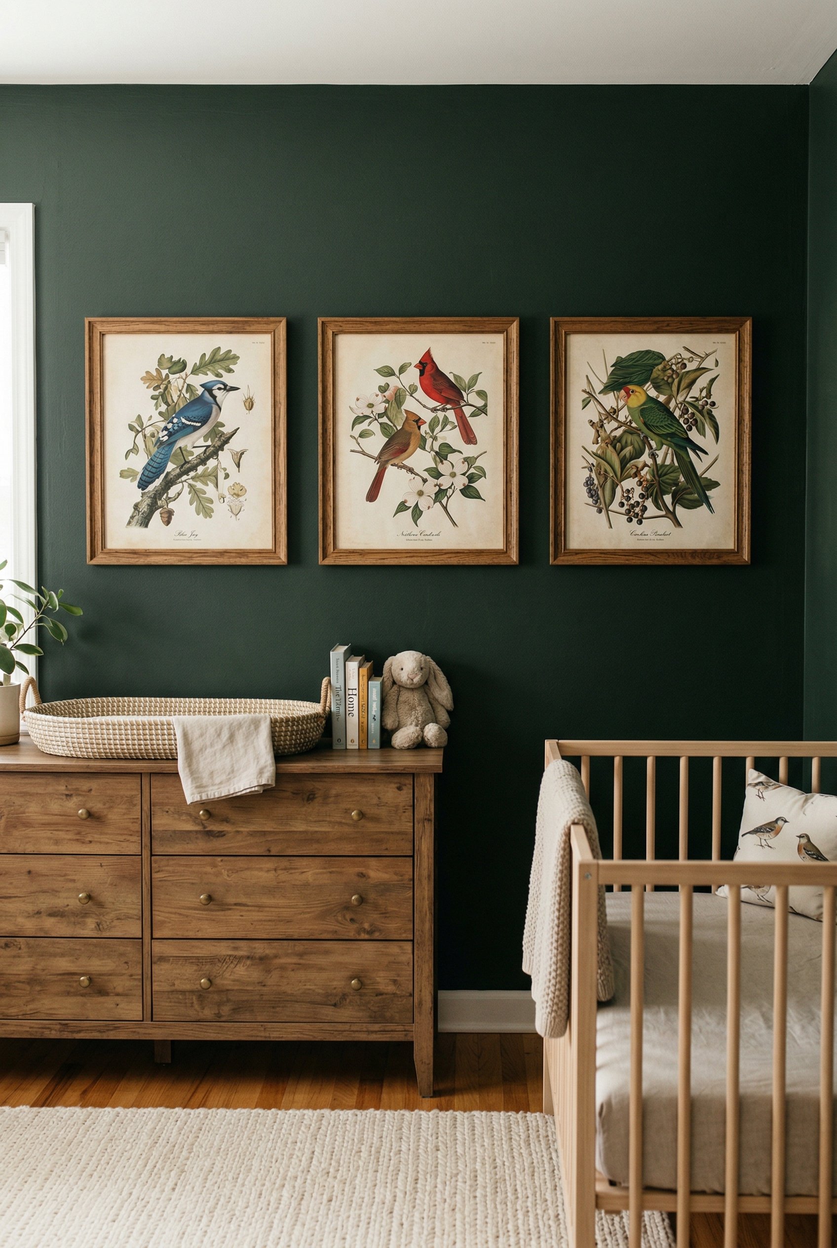 Photorealistic interior photo. Three vintage Audubon botanical bird prints framed in warm oak, hung symmetrically on a dark forest green nursery wall. Editorial photography style, no people visible.
