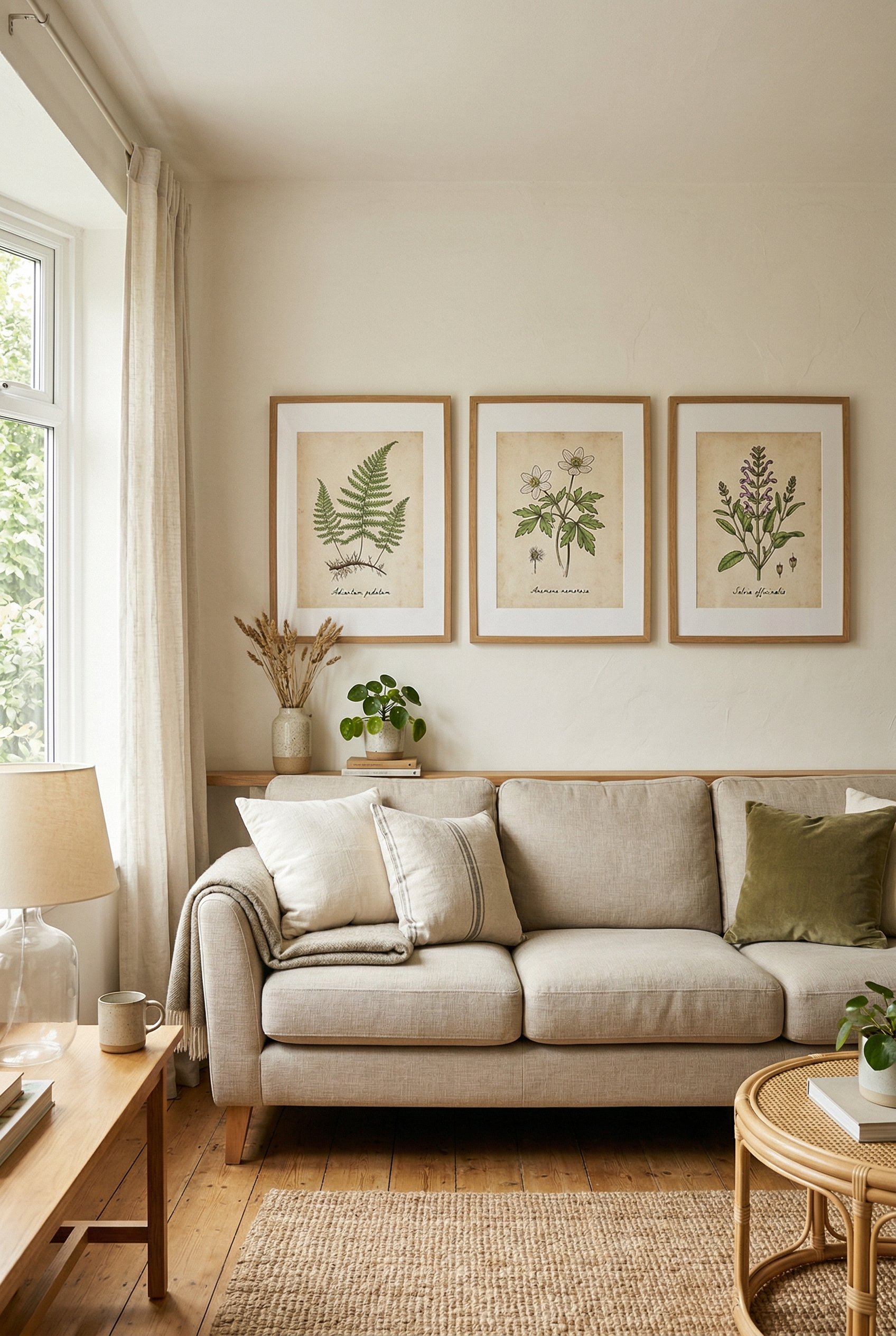 Photorealistic interior photo. Three vintage botanical sketch prints in simple oak frames hanging above a neutral living room sofa, bright lighting. Editorial photography style, no people visible.
