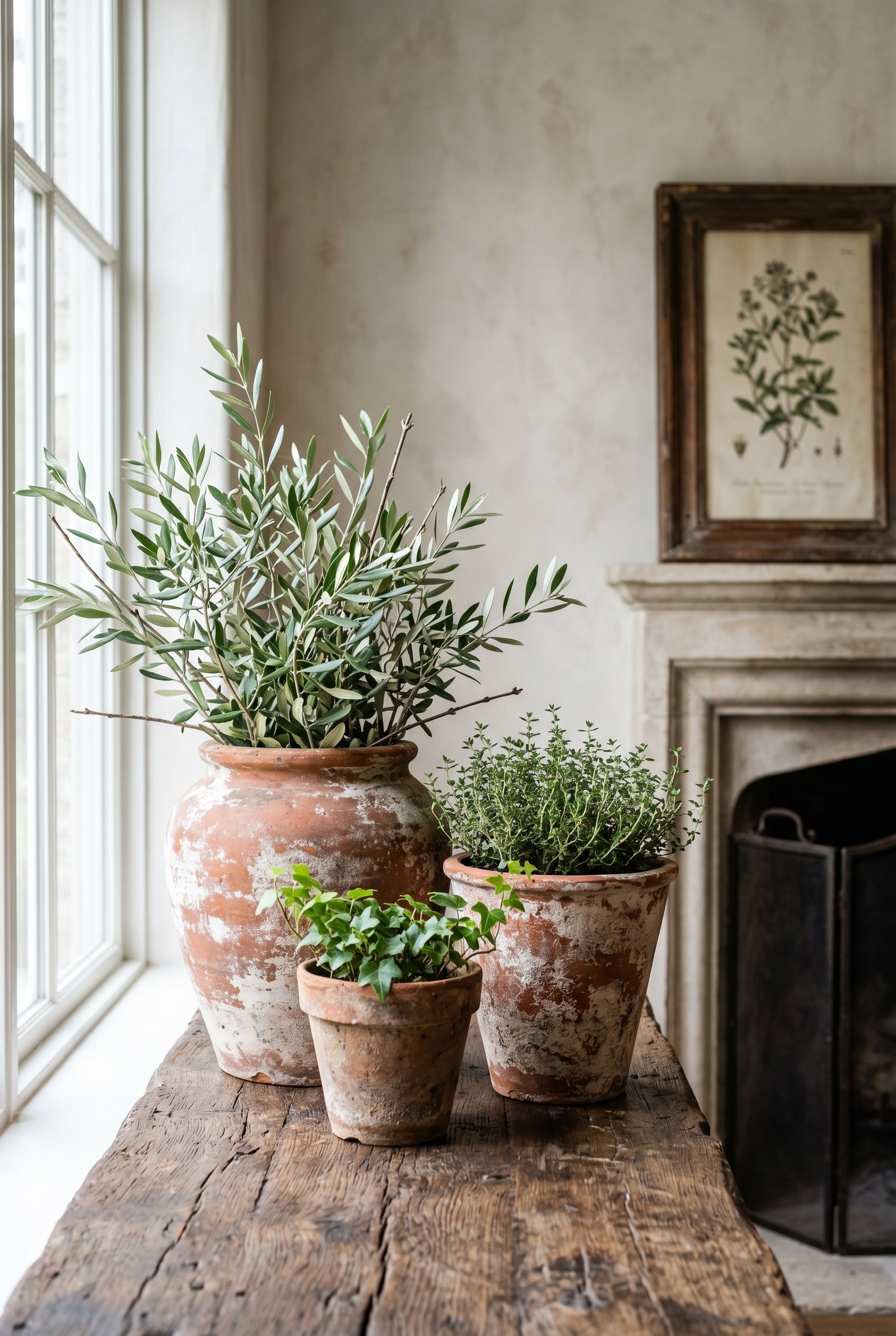 Photorealistic interior photo. Three weathered, chalky, distressed terra cotta pots clustered together on a rustic wood mantel ledge. Soft morning sunlight. Editorial photography style, no people visi