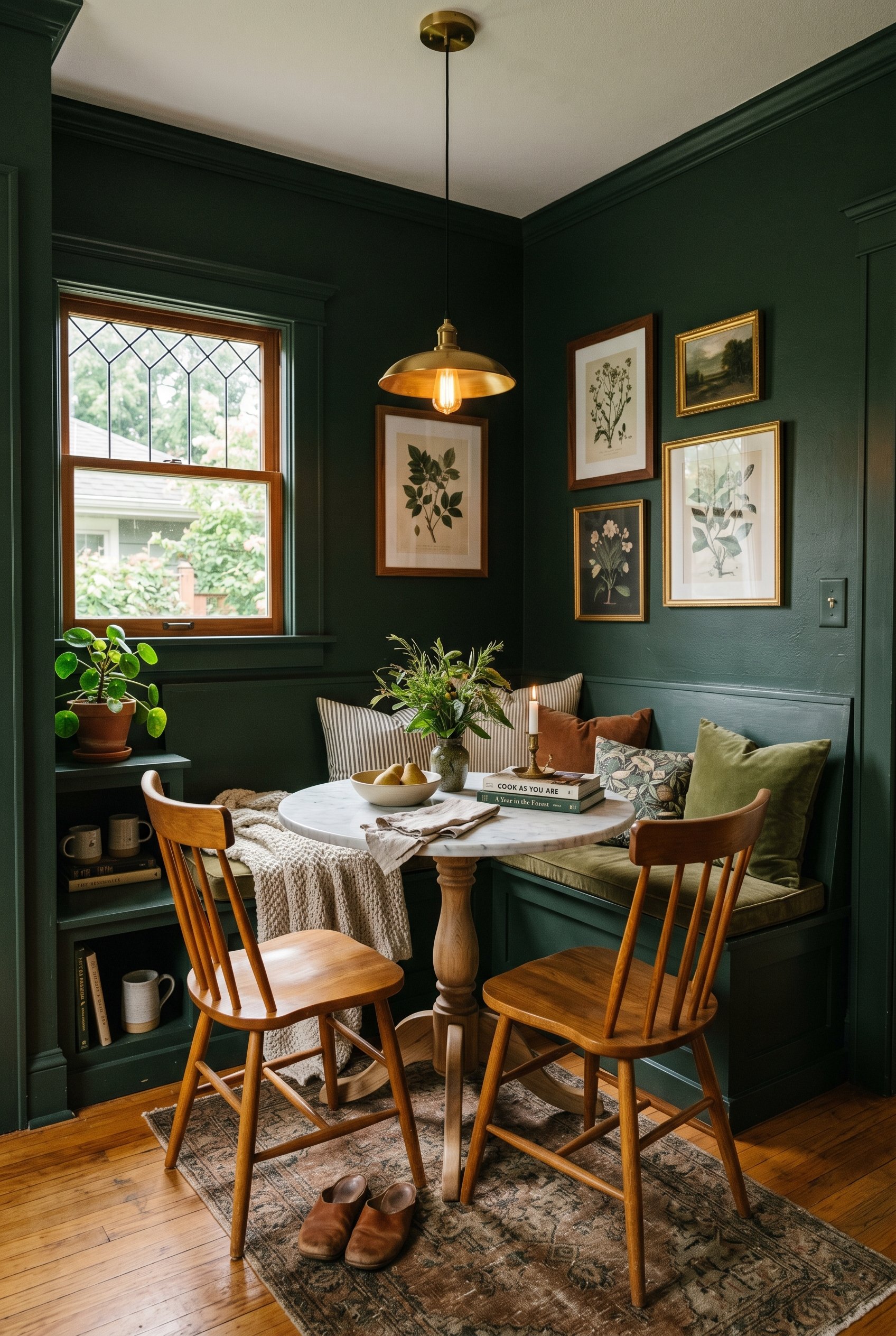Photorealistic interior photo. Tiny, tight dining nook painted completely in dark forest green. A small round marble pedestal table with two wooden chairs. Cozy, intimate lighting, wide angle to show 