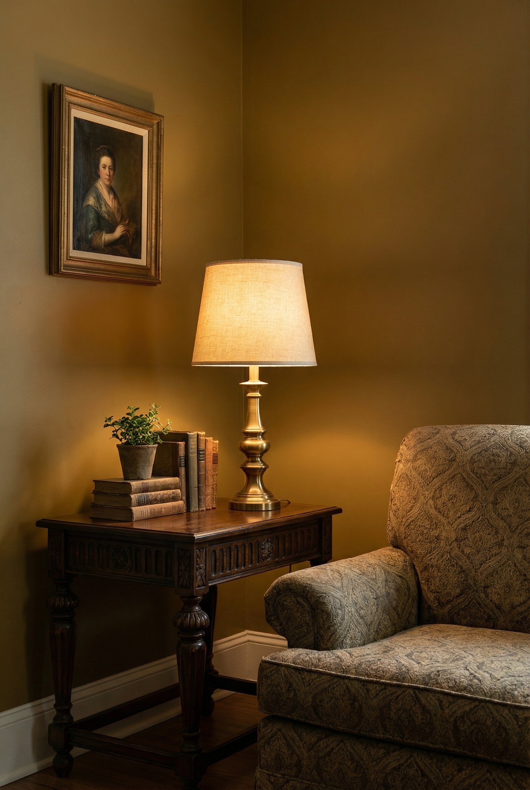 Photorealistic interior photo. Traditional living room corner, walls painted in a rich, muddy ocher color. Dark wood side table with a brass lamp. Warm, glowing lamplight, eye-level camera angle. Edit