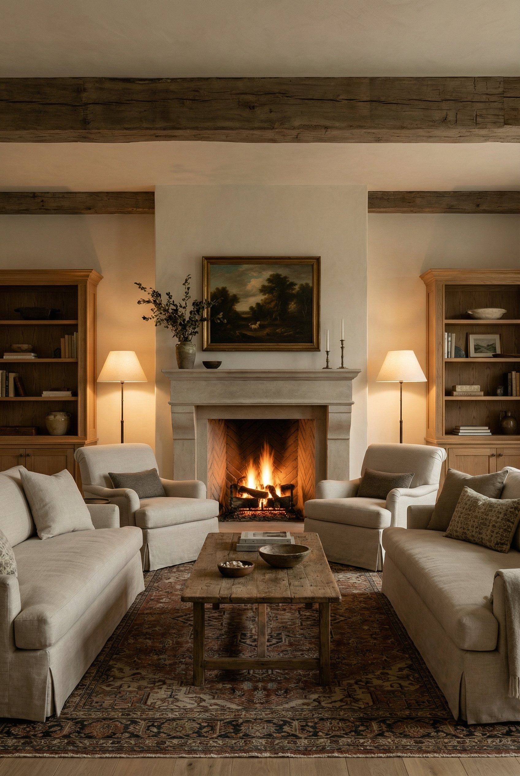 Photorealistic interior photo. Traditional living room, strict symmetrical layout, two matching armchairs facing a linen sofa, central stone fireplace. Warm ambient lighting, eye-level camera angle. E