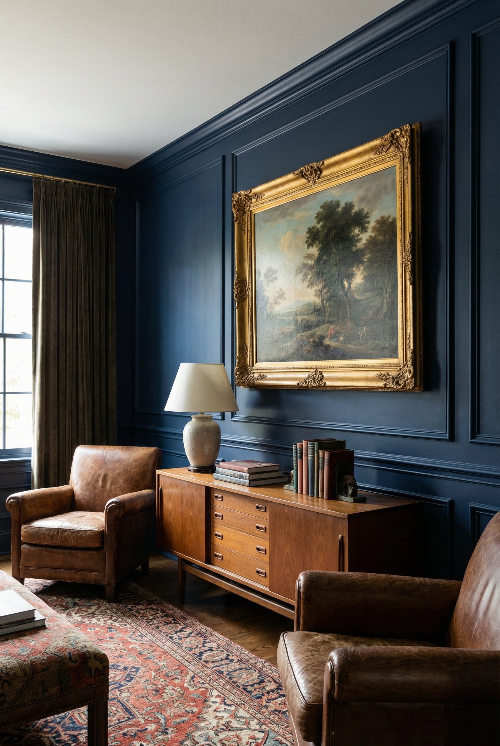 Photorealistic interior photo. Traditional living room wall featuring custom picture molding painted in the same dark navy blue as the walls. Classic oil painting hanging in the center. Side angle cam